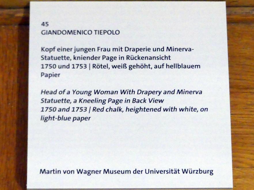 Giovanni Domenico Tiepolo (1743&ndash;1785), Kopf einer jungen Frau mit Draperie und Minerva-Statuette, kniender Page in Rückenansicht, Würzburg, Martin von Wagner Museum, Ausstellung "Tiepolo und seine Zeit in Würzburg" vom 31.10.2020-15.07.2021, Saal 2, 1750&ndash;1753, Bild 3/3