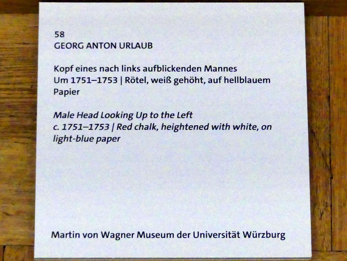 Georg Anton Urlaub (1735–1758), Kopf eines nach links aufblickenden Mannes, Würzburg, Martin von Wagner Museum, Ausstellung "Tiepolo und seine Zeit in Würzburg" vom 31.10.2020-15.07.2021, Saal 2, um 1751–1753, Bild 3/3