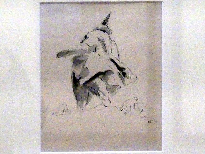 Georg Anton Urlaub: Figur in Dreiviertel-Rückenansicht in Mantel und mit spitzer Kopfbedeckung, zwei kleine Figuren am Horizont, nach 1753