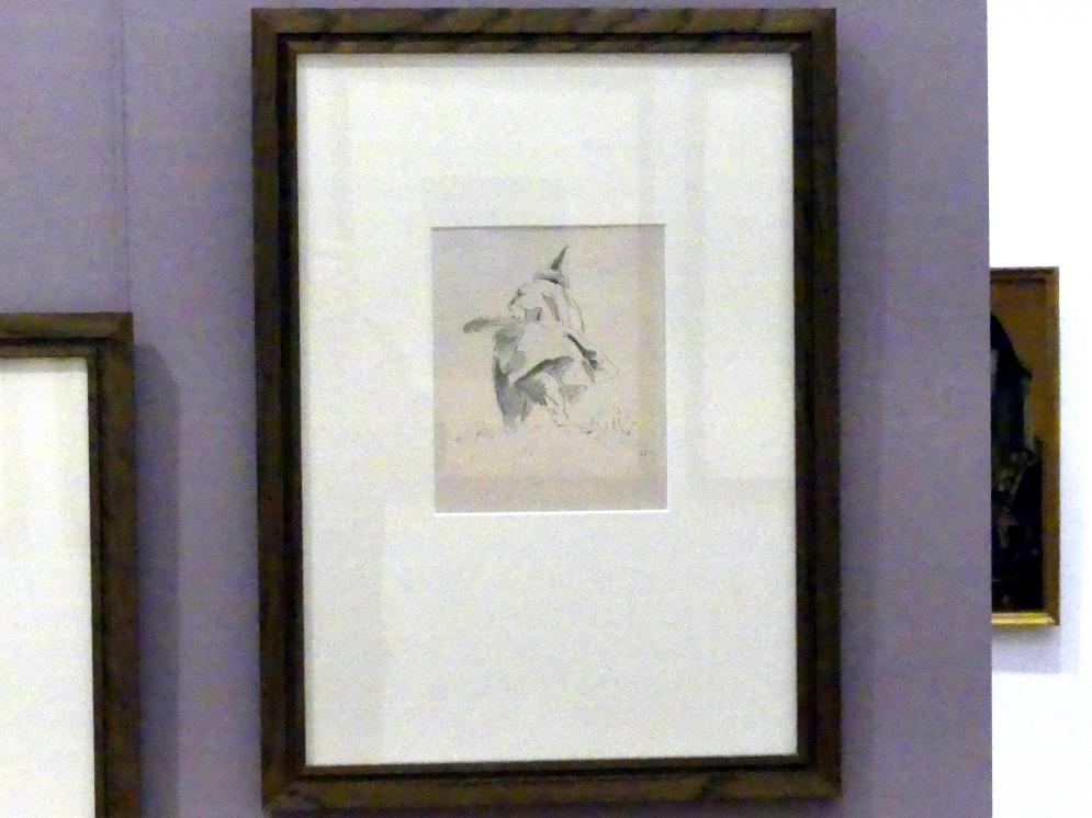 Georg Anton Urlaub (1735–1758), Figur in Dreiviertel-Rückenansicht in Mantel und mit spitzer Kopfbedeckung, zwei kleine Figuren am Horizont, Würzburg, Martin von Wagner Museum, Ausstellung "Tiepolo und seine Zeit in Würzburg" vom 31.10.2020-15.07.2021, Saal 2, nach 1753, Bild 2/3