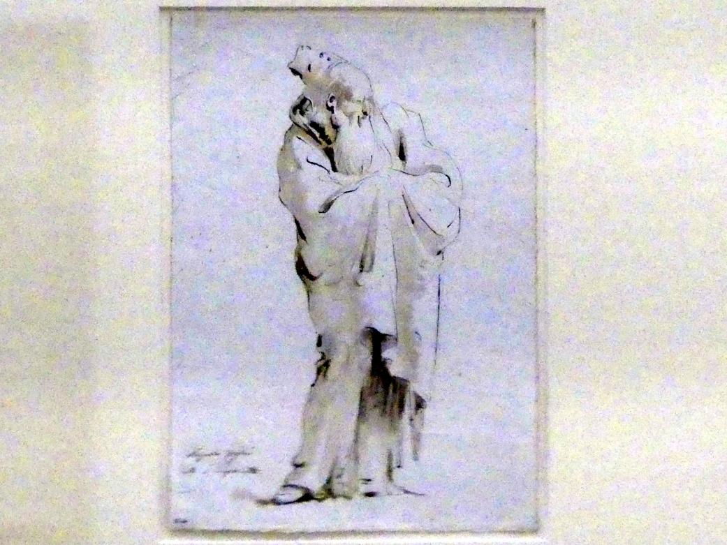 Lorenzo Baldissera Tiepolo (1752–1757), Stehende Fantasiefigur, über die linke Schulter blickend, Würzburg, Martin von Wagner Museum, Ausstellung "Tiepolo und seine Zeit in Würzburg" vom 31.10.2020-15.07.2021, Saal 2, um 1751–1753, Bild 1/3