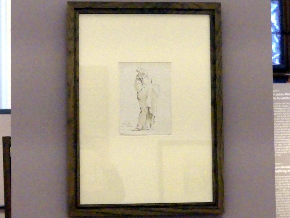 Lorenzo Baldissera Tiepolo (1752–1757), Stehende Fantasiefigur, über die linke Schulter blickend, Würzburg, Martin von Wagner Museum, Ausstellung "Tiepolo und seine Zeit in Würzburg" vom 31.10.2020-15.07.2021, Saal 2, um 1751–1753, Bild 2/3