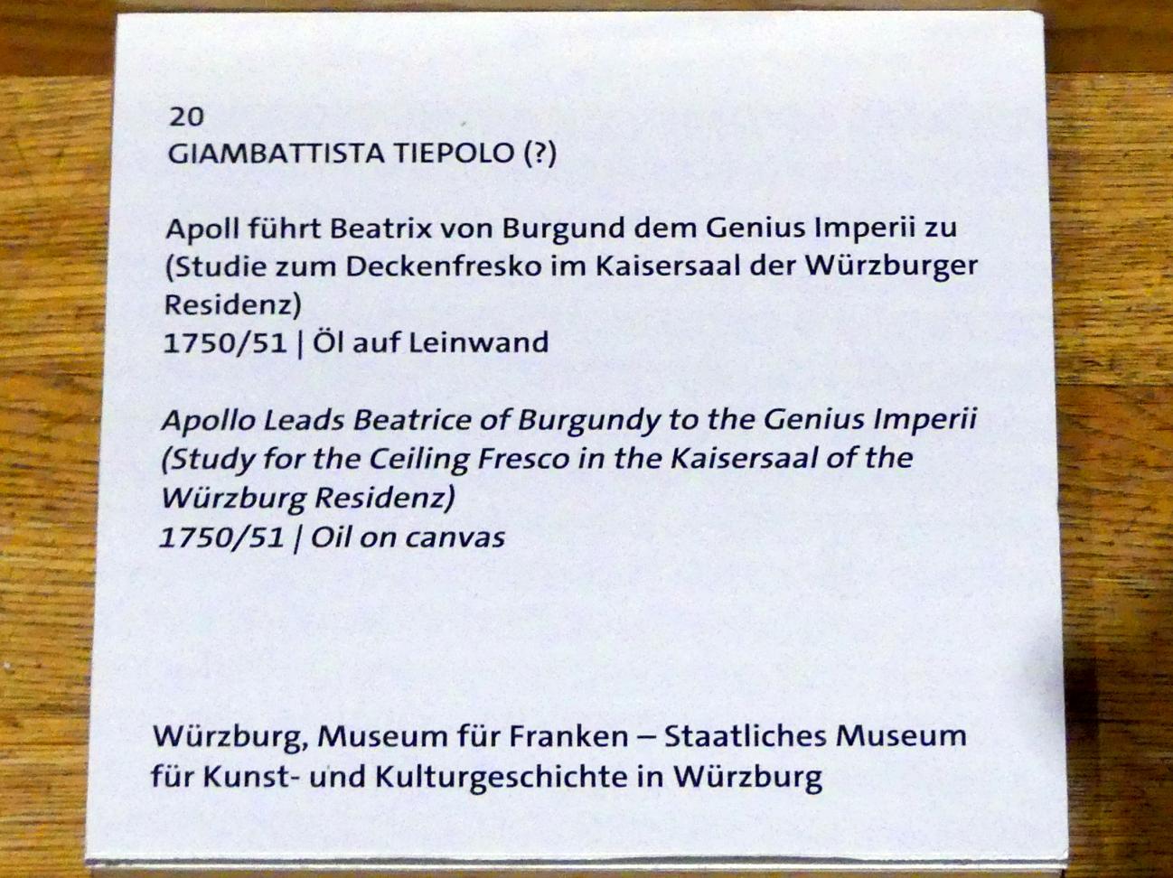 Giovanni Battista Tiepolo (1715–1785), Apoll führt Beatrix von Burgund dem Genius Imperii zu (Studie zum Deckenfresko im Kaisersaal der Würzburger Residenz), Würzburg, Martin von Wagner Museum, Ausstellung "Tiepolo und seine Zeit in Würzburg" vom 31.10.2020-15.07.2021, Saal 2, 1750–1751, Bild 2/3