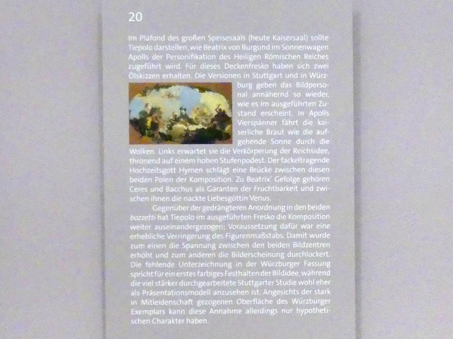 Giovanni Battista Tiepolo (1715–1785), Apoll führt Beatrix von Burgund dem Genius Imperii zu (Studie zum Deckenfresko im Kaisersaal der Würzburger Residenz), Würzburg, Martin von Wagner Museum, Ausstellung "Tiepolo und seine Zeit in Würzburg" vom 31.10.2020-15.07.2021, Saal 2, 1750–1751, Bild 3/3