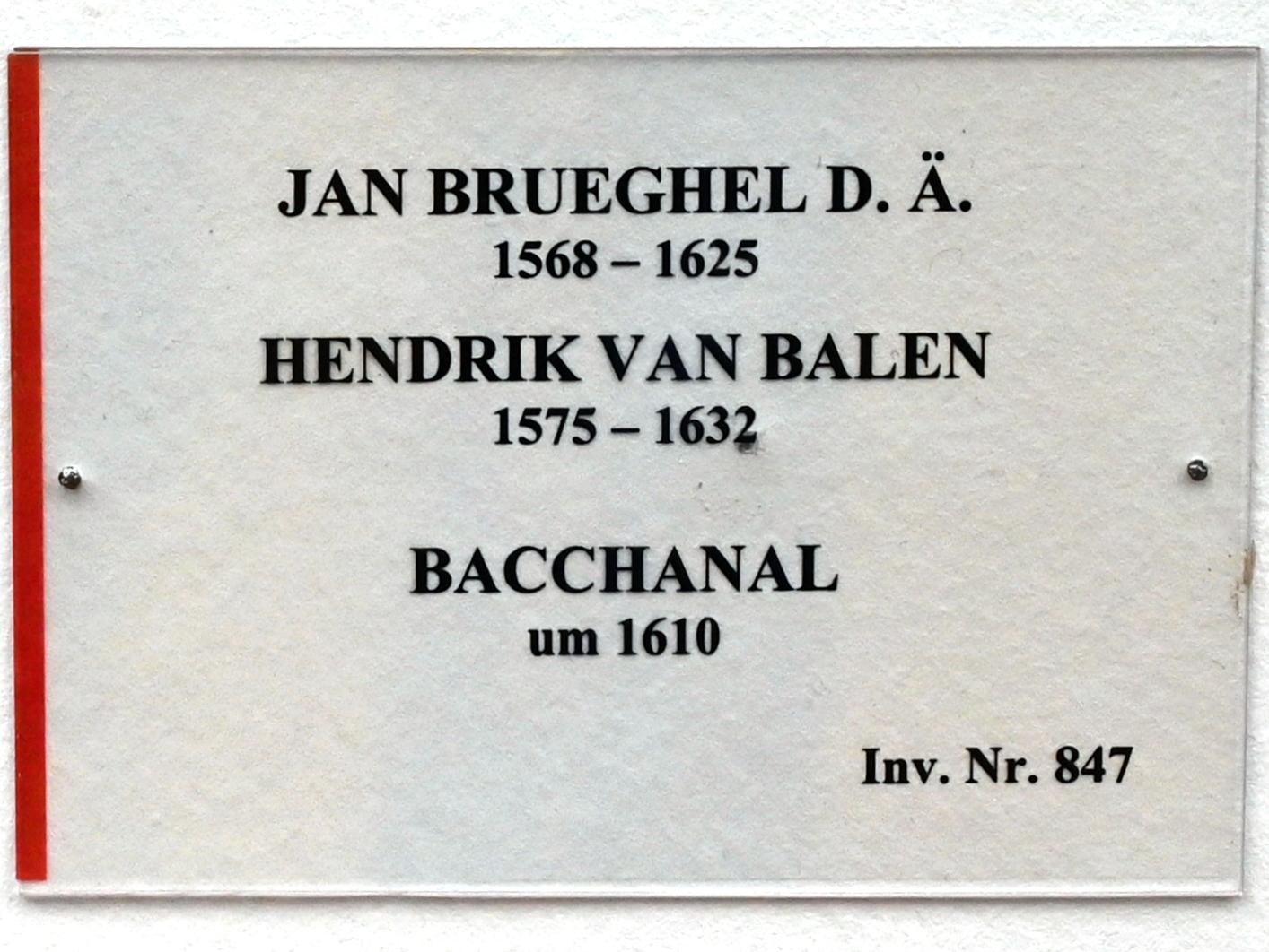 Jan Brueghel der Ältere (Samtbrueghel, Blumenbrueghel) (1593–1621), Bacchanal, München, Alte Pinakothek, Obergeschoss Kabinett 9, um 1610, Bild 2/2