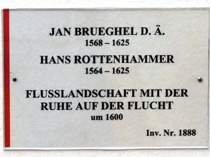 Jan Brueghel der Ältere (Samtbrueghel, Blumenbrueghel) (1593–1621), Flusslandschaft mit der Ruhe auf der Flucht, München, Alte Pinakothek, Obergeschoss Kabinett 8, um 1600, Bild 2/2