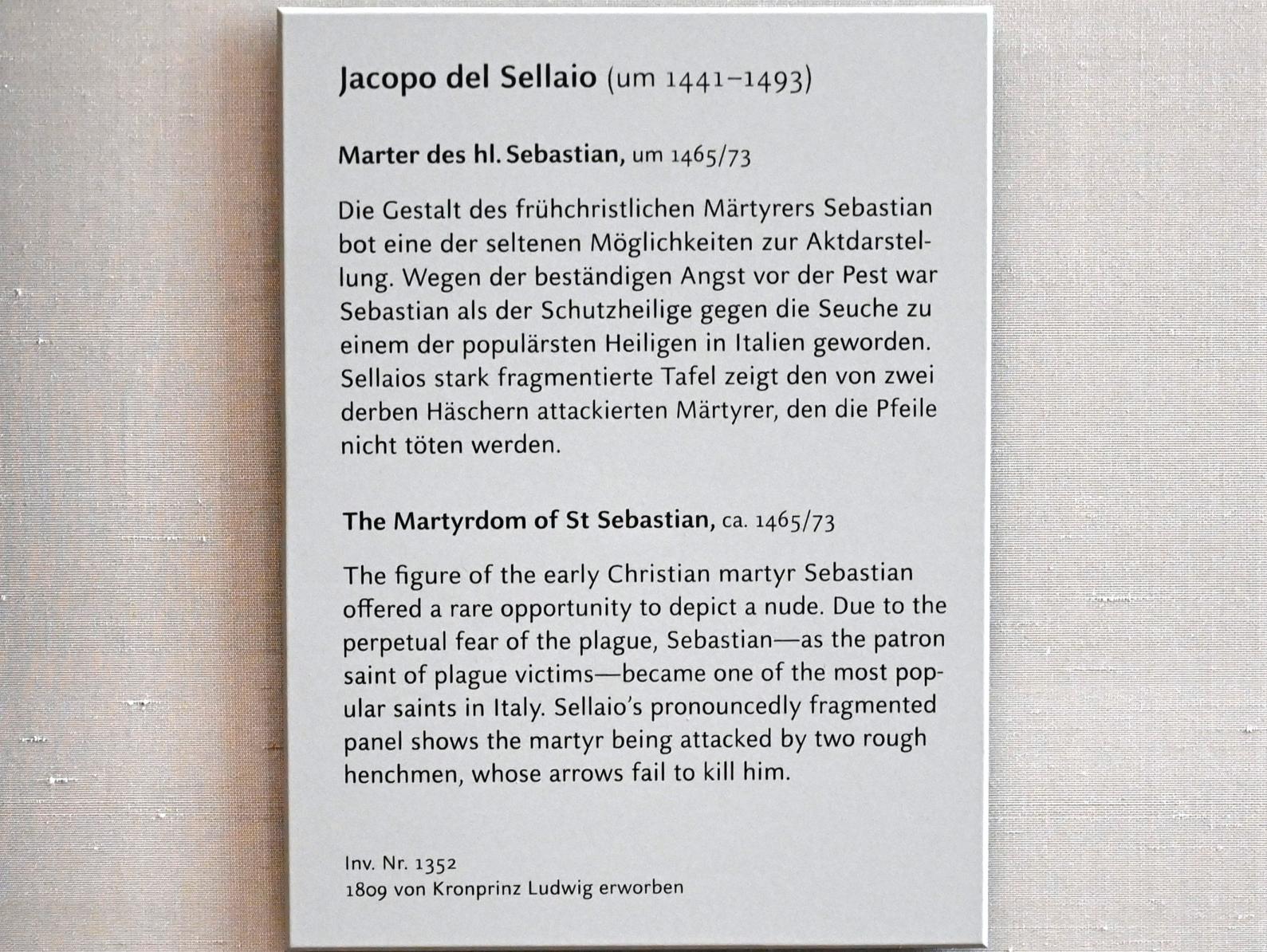Jacopo del Sellaio (1469–1480), Marter des hl. Sebastian, München, Alte Pinakothek, Obergeschoss Kabinett 3, um 1465–1473, Bild 2/2
