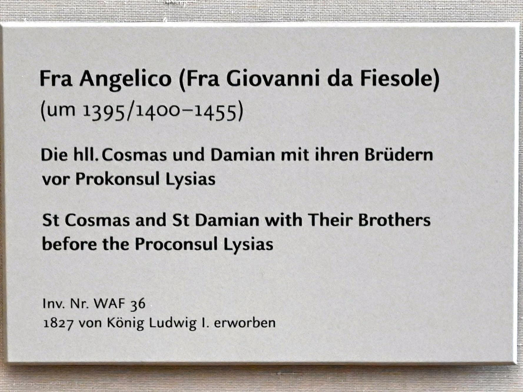 Fra Angelico (Guido di Pietro) (1421–1447), Die hll. Cosmas und Damian mit ihren Brüdern vor Prokonsul Lysias, Florenz, Kirche San Marco, jetzt München, Alte Pinakothek, Obergeschoss Kabinett 1, 1438–1440, Bild 2/3