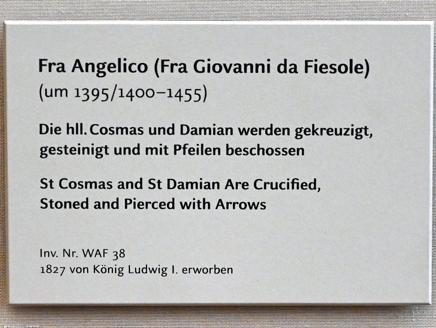Fra Angelico (Guido di Pietro) (1421–1447), Die hll. Cosmas und Damian werden gekreuzigt, gesteinigt und mit Pfeilen beschossen, Florenz, Kirche San Marco, jetzt München, Alte Pinakothek, Obergeschoss Kabinett 1, um 1438–1440, Bild 2/3