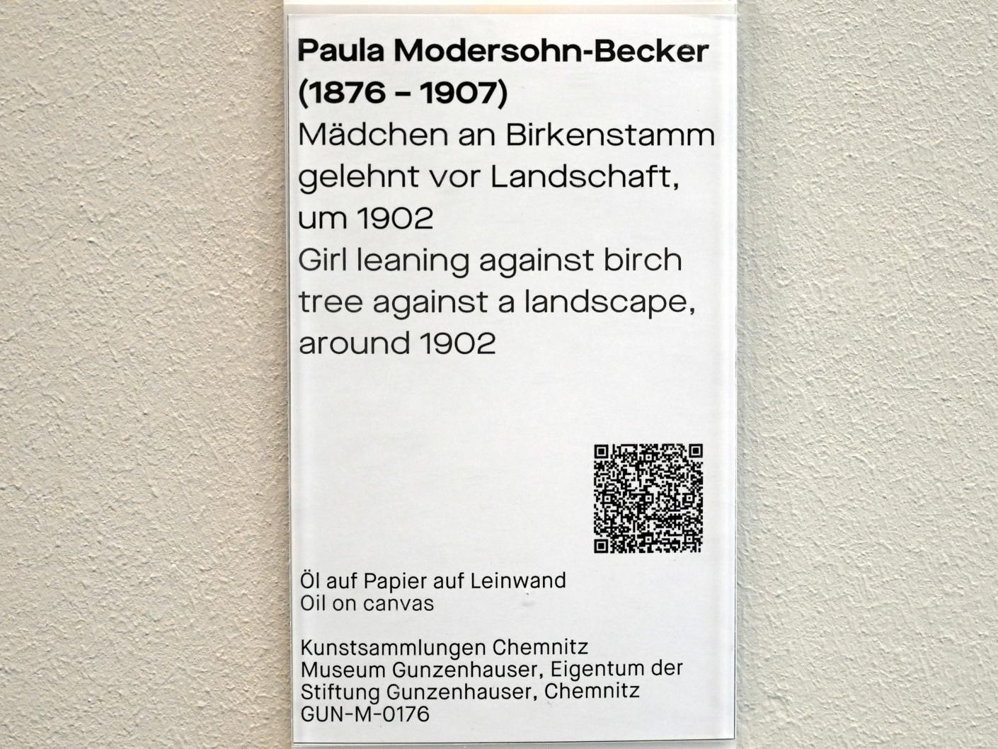 Paula Modersohn-Becker (1900–1910), Mädchen an Birkenstamm gelehnt vor Landschaft, Chemnitz, Museum Gunzenhauser, Saal 3.1, um 1902, Bild 2/2