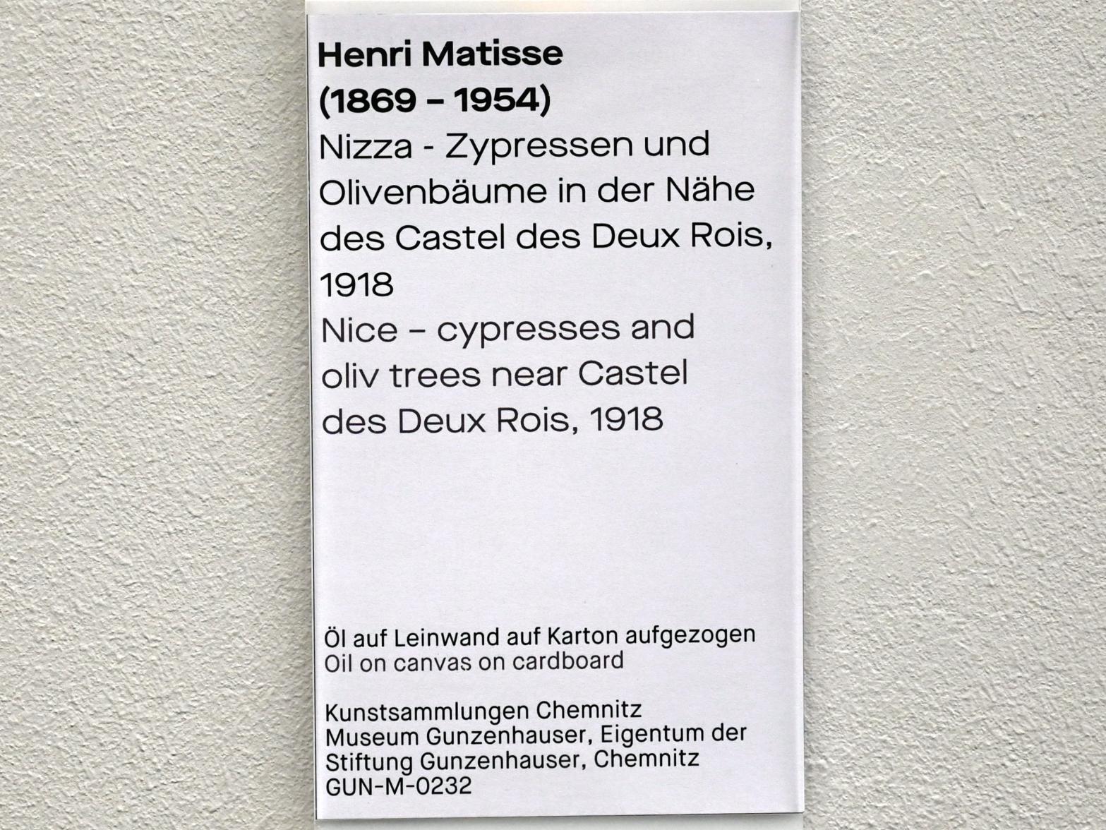 Henri Matisse (1898–1953), Nizza - Zypressen und Olivenbäume in der Nähe des Castel des Deux Rois, Chemnitz, Museum Gunzenhauser, Saal 3.2 - Vorbild Frankreich, 1918, Bild 2/2