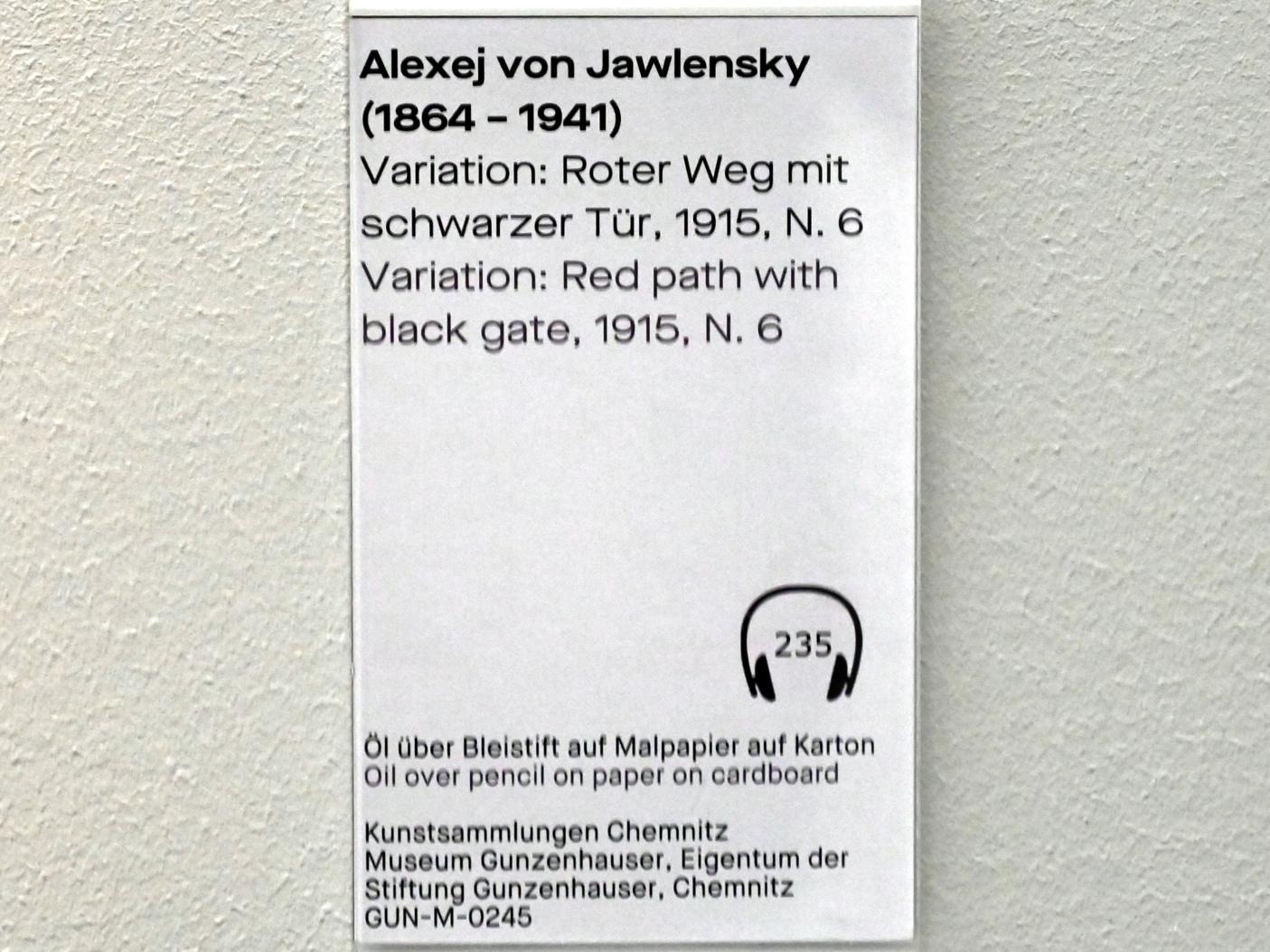 Alexej von Jawlensky (1893–1938), Variation: Roter Weg mit schwarzer Tür, Chemnitz, Museum Gunzenhauser, Saal 3.9, 1915, Bild 2/2