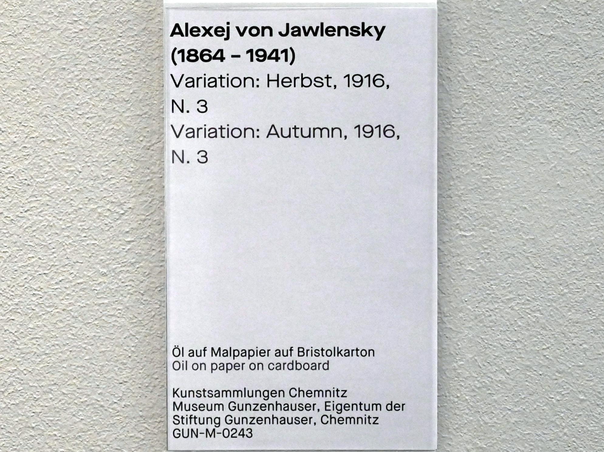 Alexej von Jawlensky (1893&ndash;1938), Variation: Herbst, Chemnitz, Museum Gunzenhauser, Saal 3.9, 1916, Bild 2/2