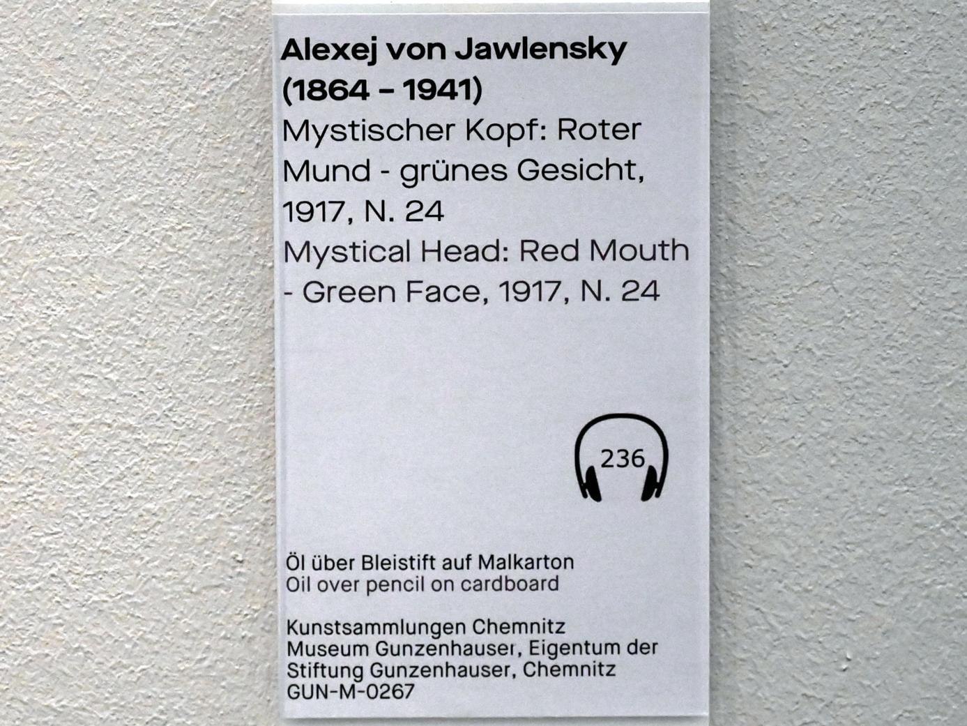 Alexej von Jawlensky (1893–1938), Mystischer Kopf: Roter Mund - grünes Gesicht, Chemnitz, Museum Gunzenhauser, Saal 3.10, 1917, Bild 2/2