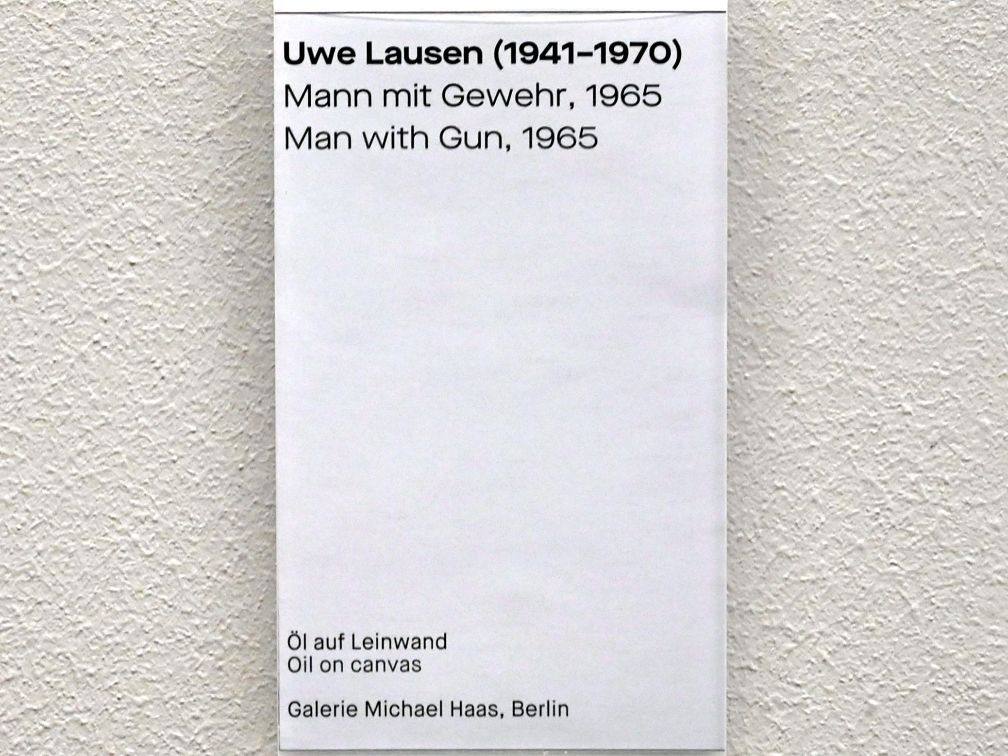 Uwe Lausen (1962–1969), Mann mit Gewehr, Chemnitz, Museum Gunzenhauser, Saal 1.4 - Uwe Lausen und Heide Stolz, 1965, Bild 2/2