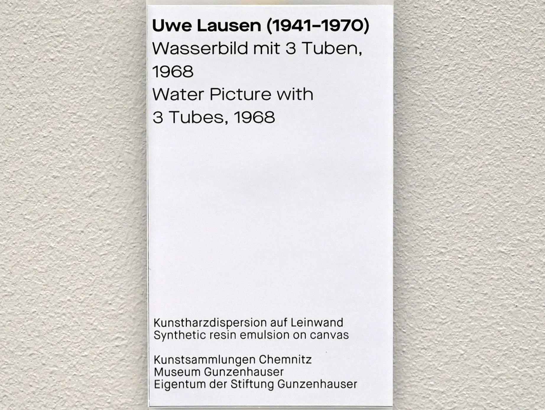 Uwe Lausen (1962–1969), Wasserbild mit 3 Tuben, Chemnitz, Museum Gunzenhauser, Saal 1.9 - Uwe Lausen und Heide Stolz, 1968, Bild 2/2