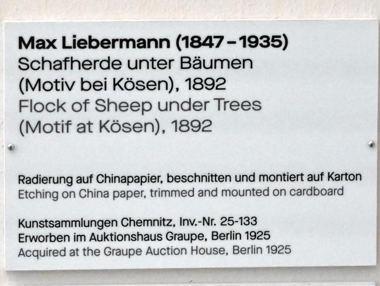 Max Liebermann (1872–1929), Schafherde unter Bäumen (Motiv bei Kösen), Chemnitz, Kunstsammlungen am Theaterplatz, Saal 1, 1892, Bild 2/2