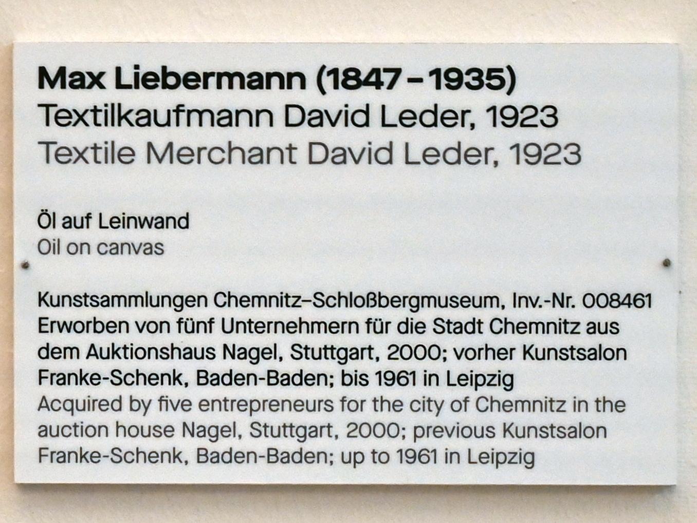 Max Liebermann (1872–1929), Textilkaufmann David Leder, Chemnitz, Kunstsammlungen am Theaterplatz, Saal 1, 1923, Bild 2/2