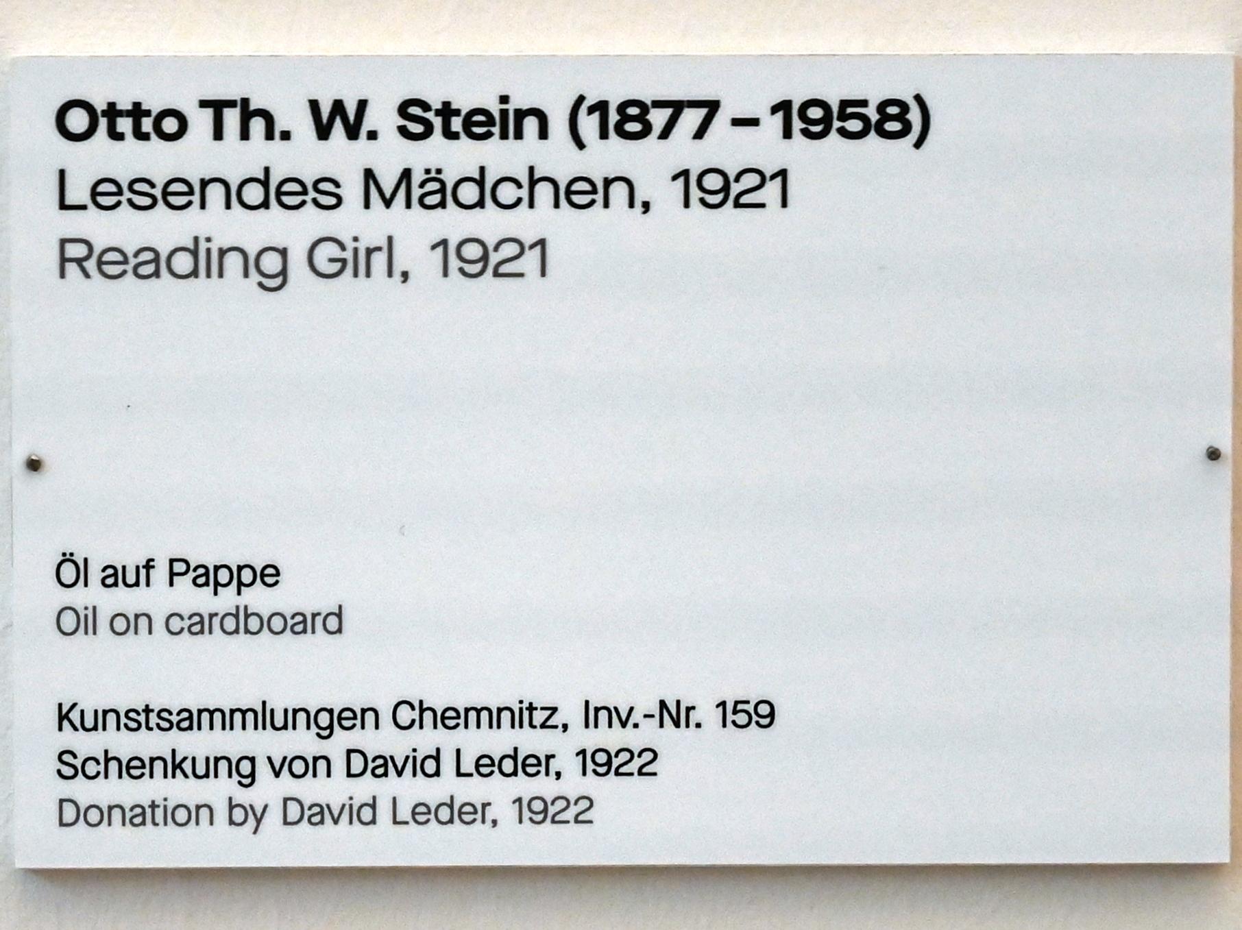 Otto Th. W. Stein (1920–1925), Lesendes Mädchen, Chemnitz, Kunstsammlungen am Theaterplatz, Saal 1, 1921, Bild 2/2