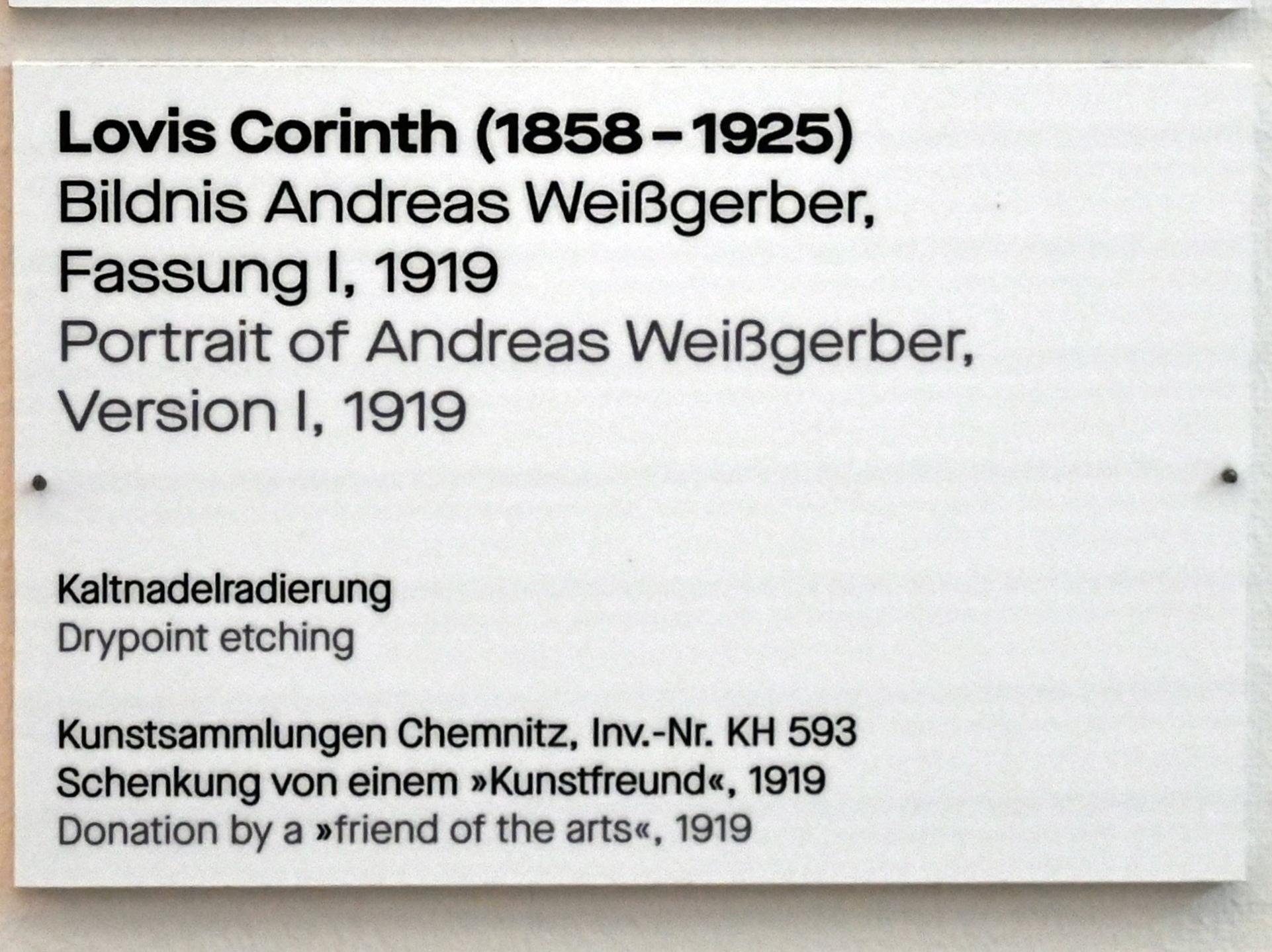 Lovis Corinth (1891–1925), Bildnis Andreas Weißgerber, Fassung I, Chemnitz, Kunstsammlungen am Theaterplatz, Saal 1, 1919, Bild 2/2