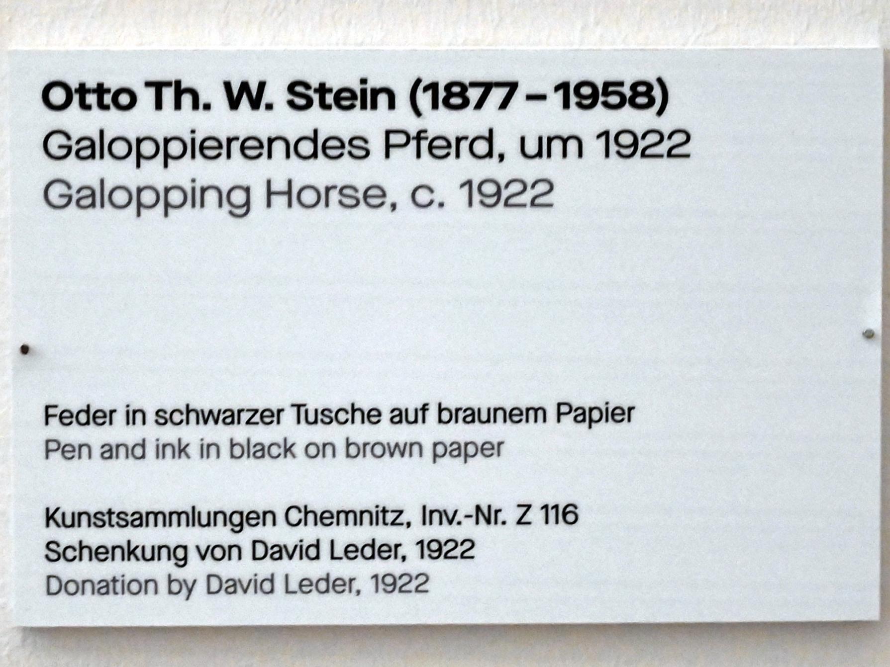 Otto Th. W. Stein (1920–1925), Galoppierendes Pferd, Chemnitz, Kunstsammlungen am Theaterplatz, Saal 1, um 1922, Bild 2/2