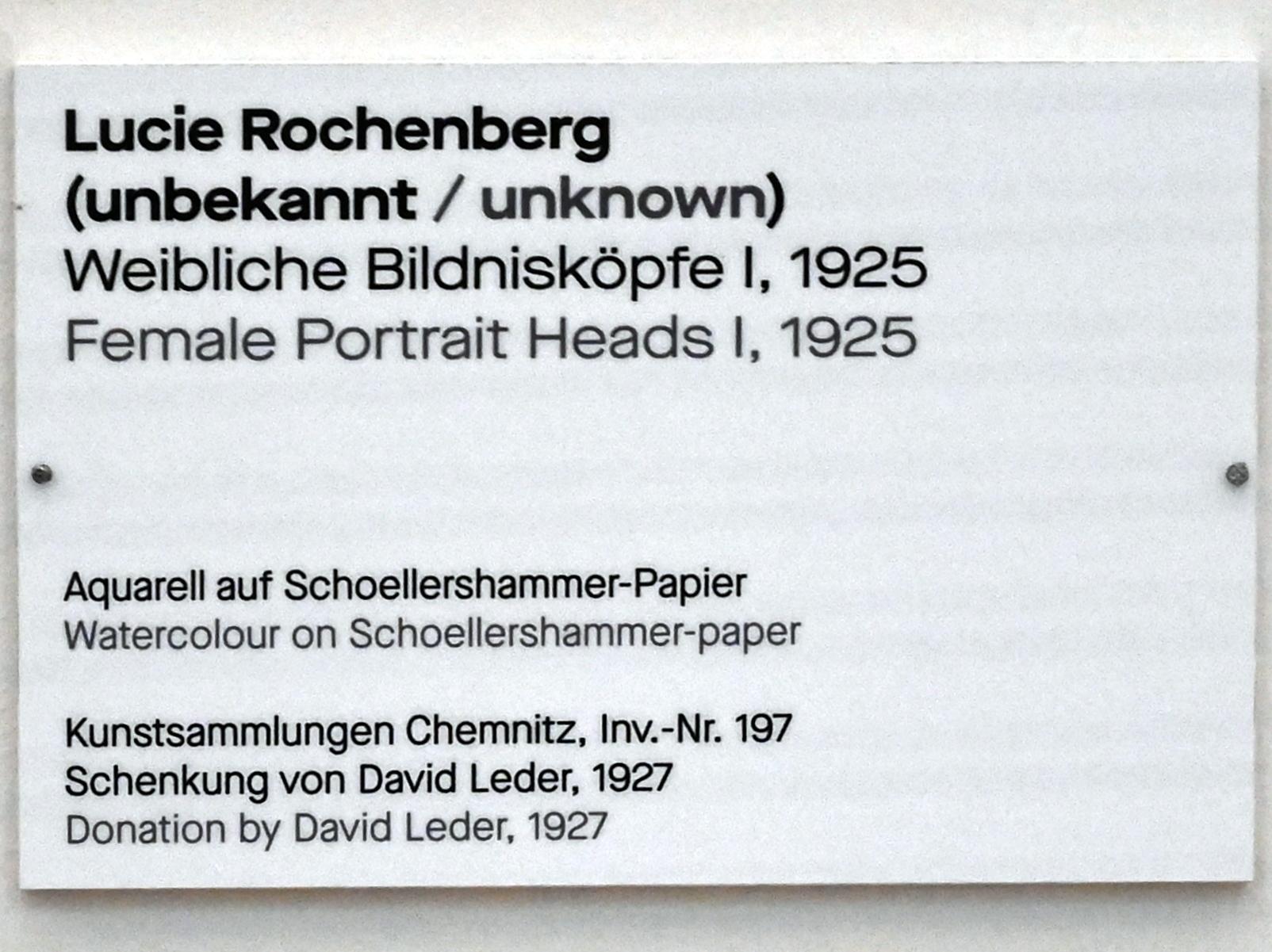 Lucie Rochenberg (1925–1926), Weibliche Bildnisköpfe I, Chemnitz, Kunstsammlungen am Theaterplatz, Saal 1, 1925, Bild 2/2
