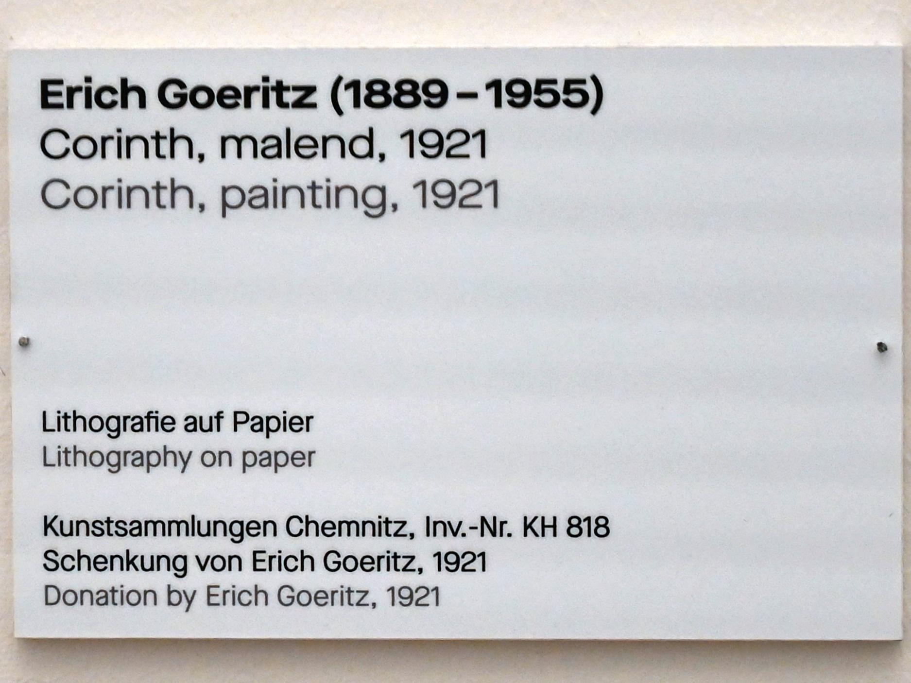 Erich Goeritz (1921), Corinth, malend, Chemnitz, Kunstsammlungen am Theaterplatz, Saal 1, 1921, Bild 2/2