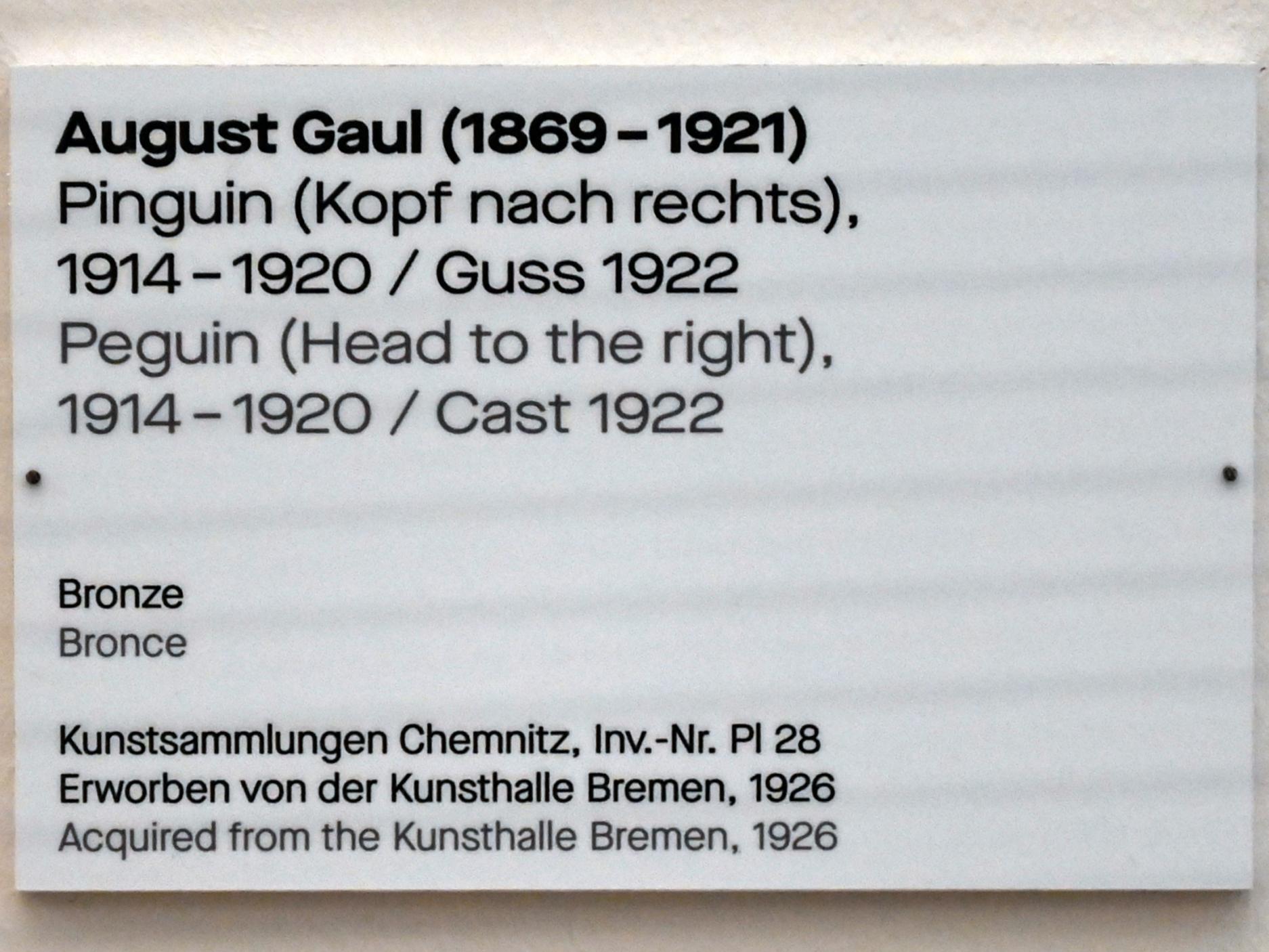 August Gaul (1915–1920), Pinguin (Kopf nach rechts), Chemnitz, Kunstsammlungen am Theaterplatz, Saal 1, 1914–1920, Bild 4/4