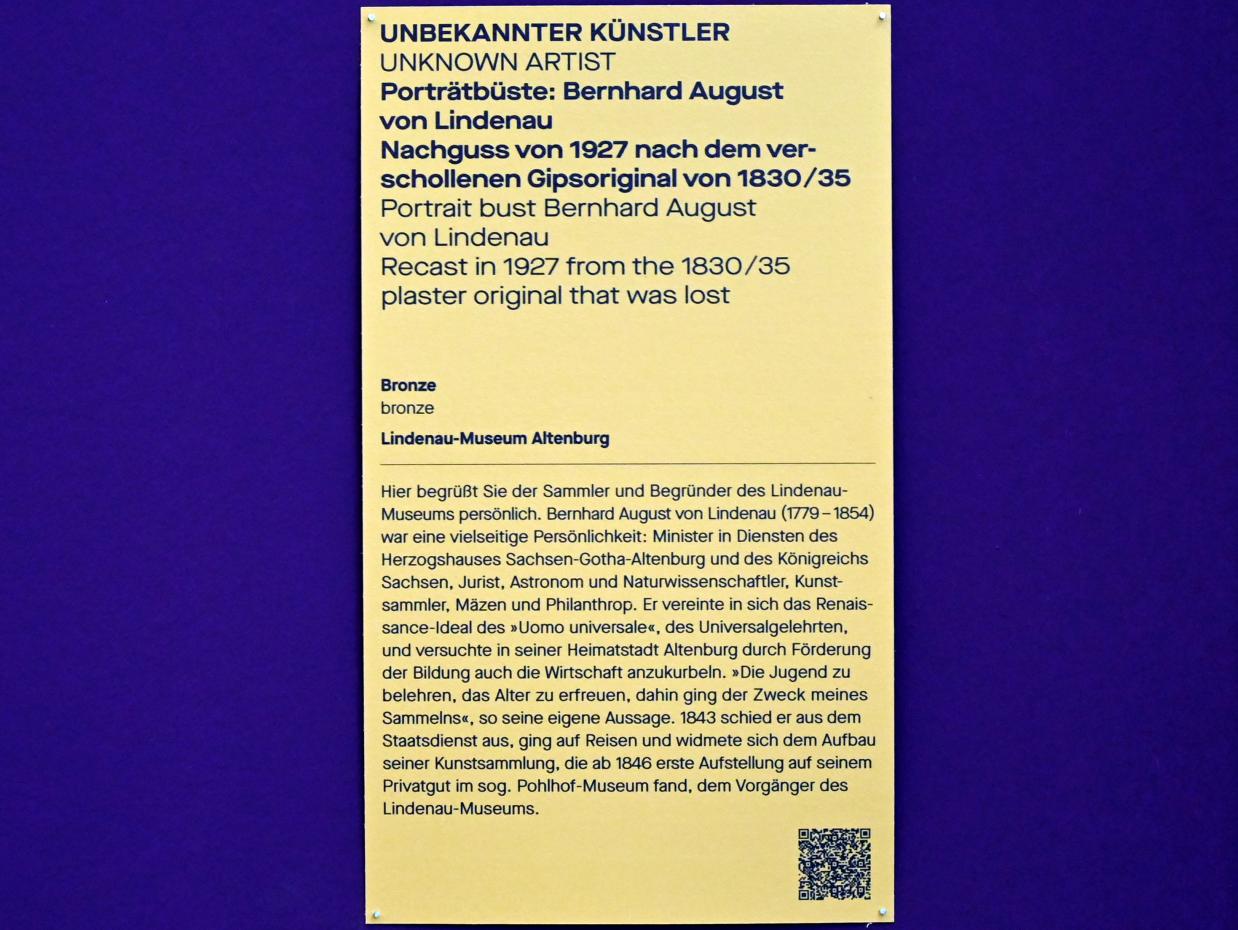 Porträtbüste: Bernhard August von Lindenau, Chemnitz, Kunstsammlungen am Theaterplatz, Saal 2, um 1830–1835, Bild 3/3