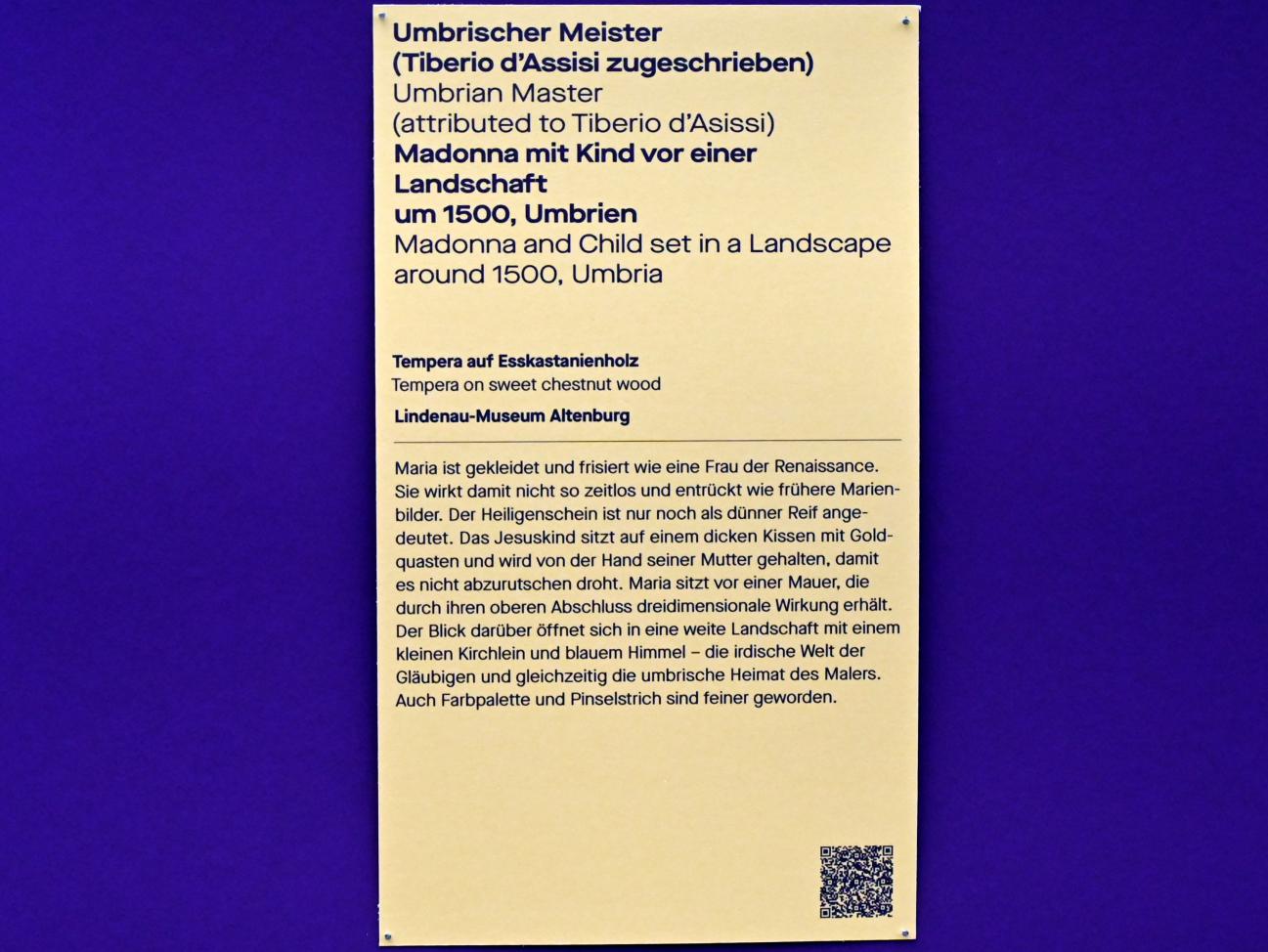 Tiberio d'Assisi (1500), Madonna mit Kind vor einer Landschaft, Chemnitz, Kunstsammlungen am Theaterplatz, Saal 2, um 1500, Bild 2/2