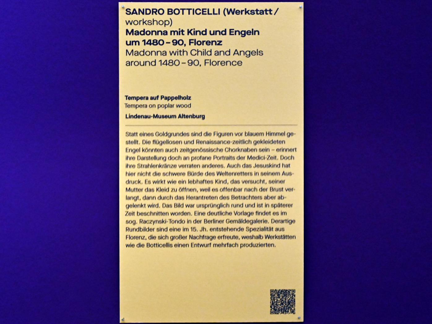 Sandro Botticelli (Werkstatt) (1485–1505), Madonna mit Kind und Engeln, Chemnitz, Kunstsammlungen am Theaterplatz, Saal 2, um 1480–1490, Bild 2/2