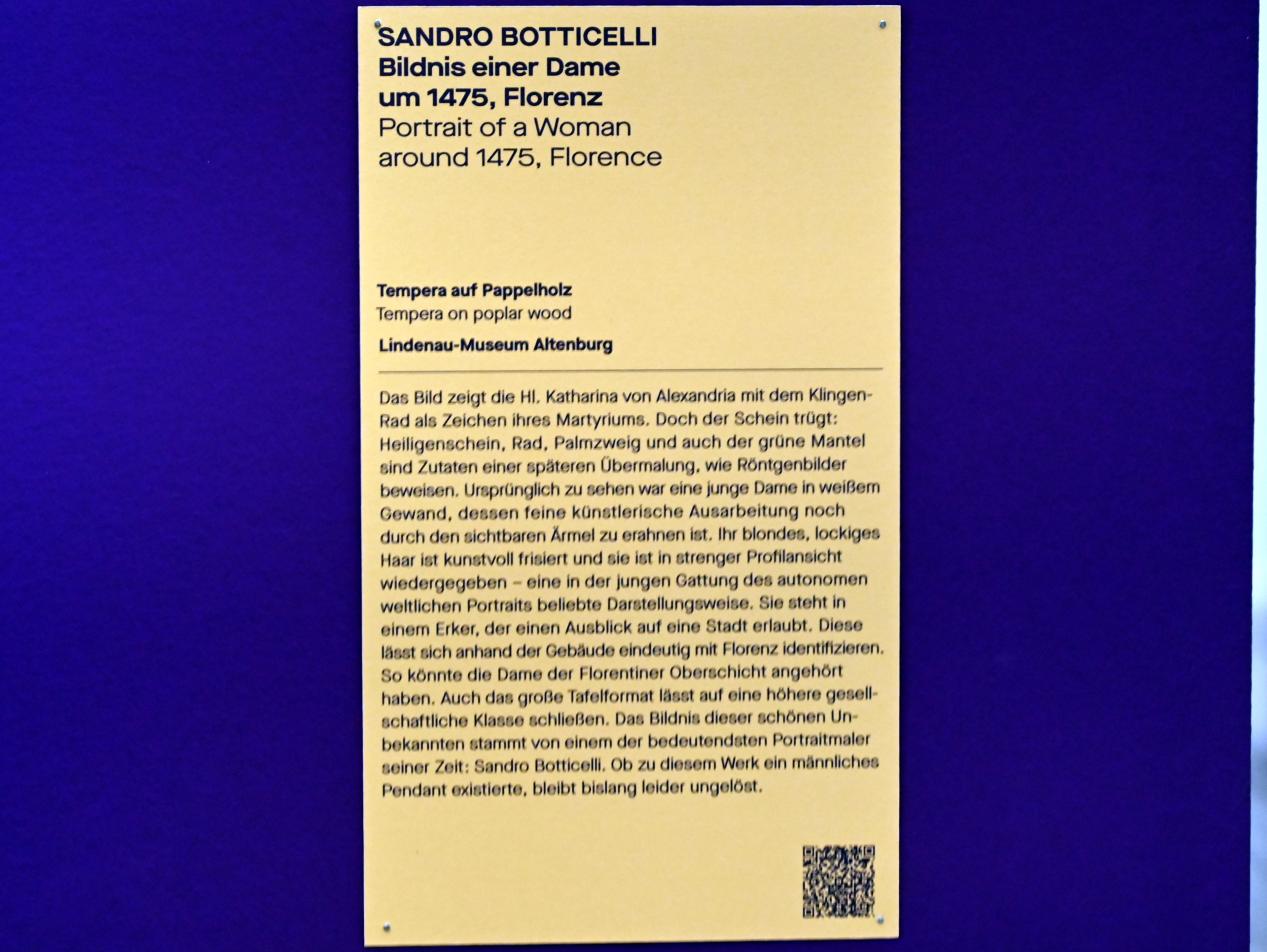 Sandro Botticelli (1462–1500), Bildnis einer Dame, Chemnitz, Kunstsammlungen am Theaterplatz, Saal 2, um 1475, Bild 2/3