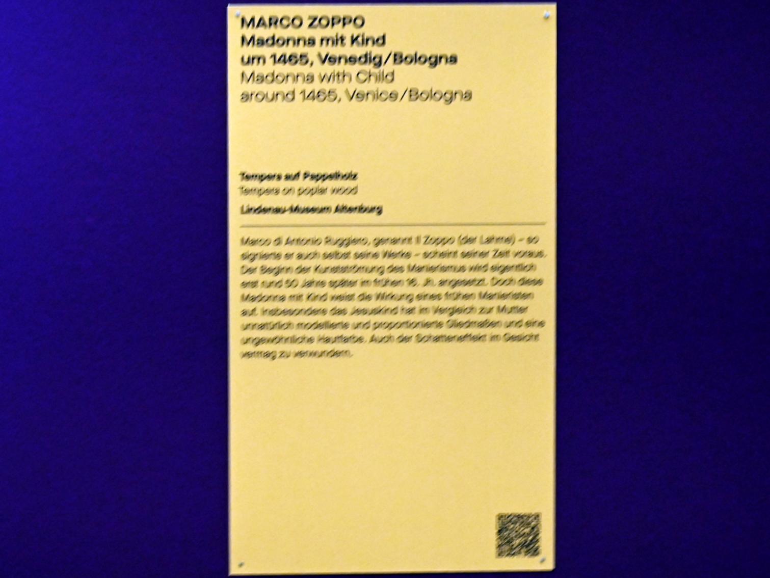Marco Zoppo (1452–1471), Madonna mit Kind, Chemnitz, Kunstsammlungen am Theaterplatz, Saal 2, um 1465, Bild 2/2