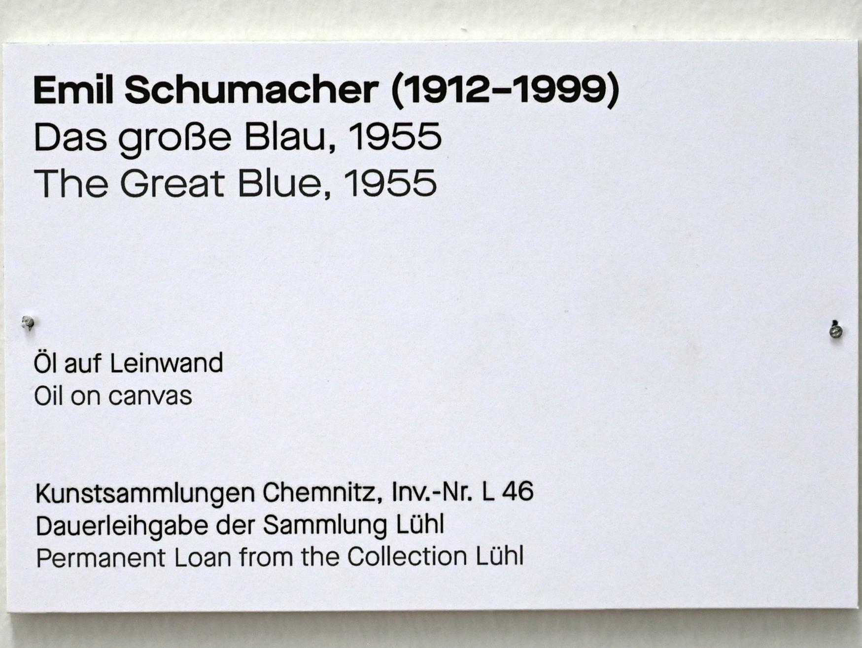 Emil Schumacher (1955–1976), Das große Blau, Chemnitz, Kunstsammlungen am Theaterplatz, Form Fläche Geste, Saal 5, 1955, Bild 2/2