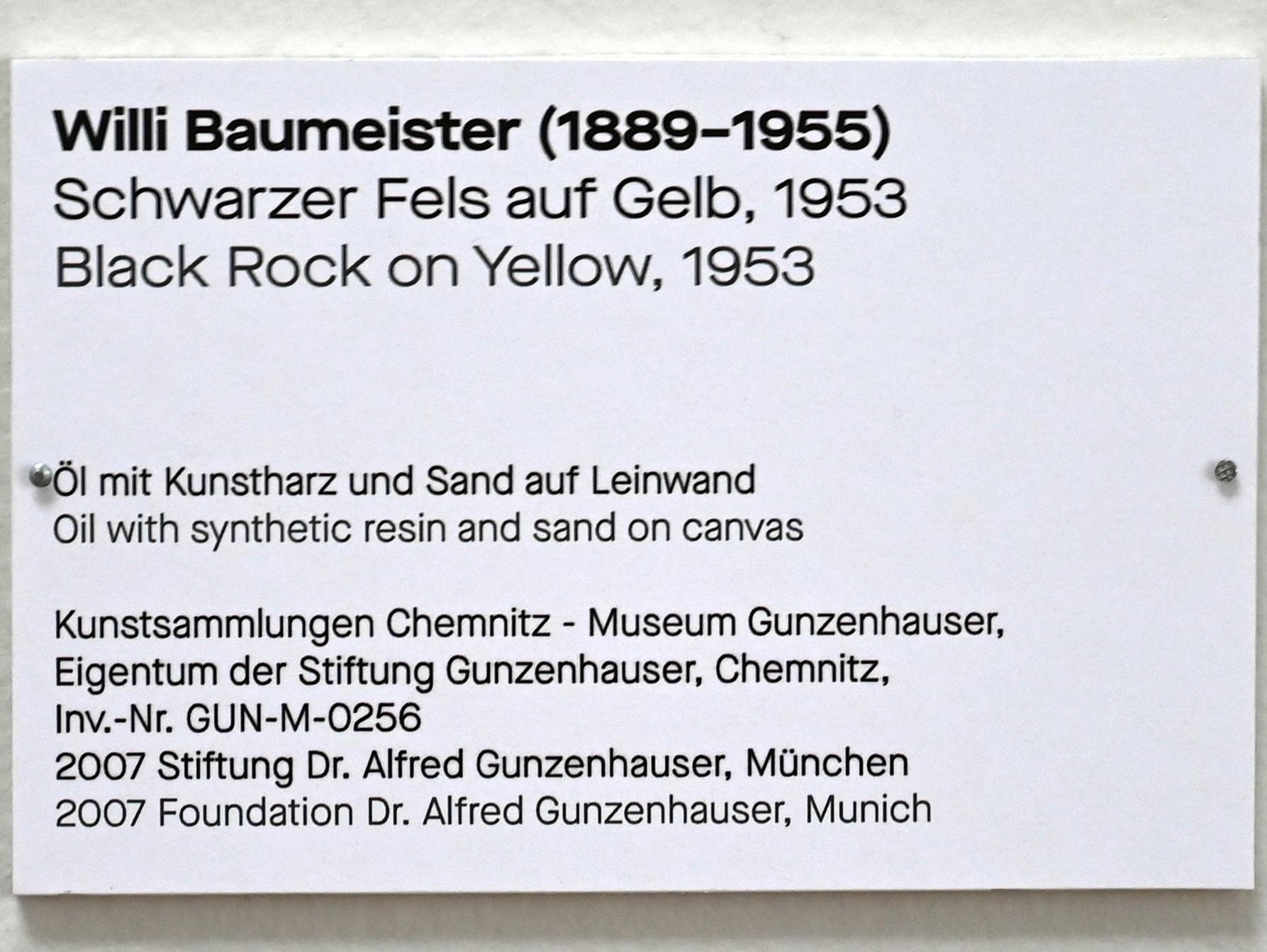 Willi Baumeister (1913–1955), Schwarzer Fels auf Gelb, Chemnitz, Kunstsammlungen am Theaterplatz, Form Fläche Geste, Saal 8, 1953, Bild 2/2