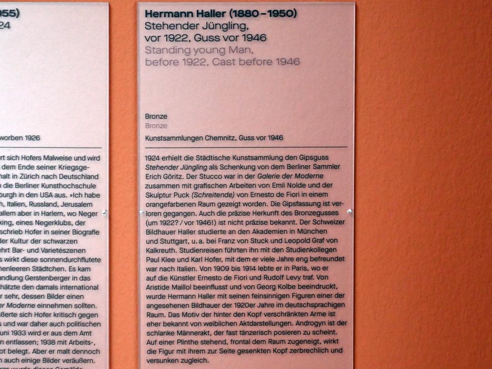 Hermann Haller (1921), Stehender Jüngling, Chemnitz, Kunstsammlungen am Theaterplatz, Form Fläche Geste, Saal 11, vor 1922, Bild 5/5