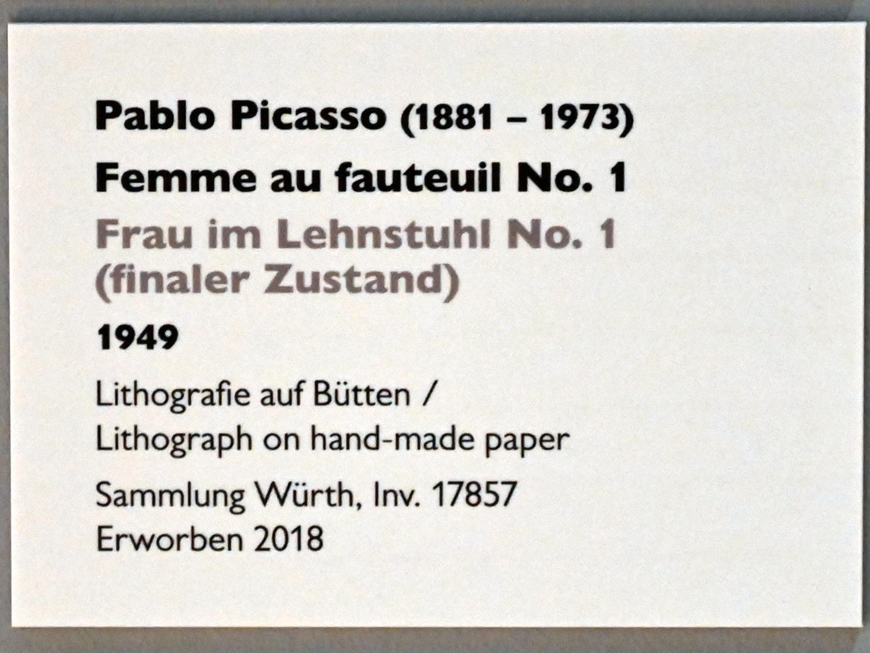 Pablo Picasso (1897–1972), Frau im Lehnstuhl No. 1 (finaler Zustand), Künzelsau, Museum Würth 2, Kabinett im Untergeschoß, 1949, Bild 2/2