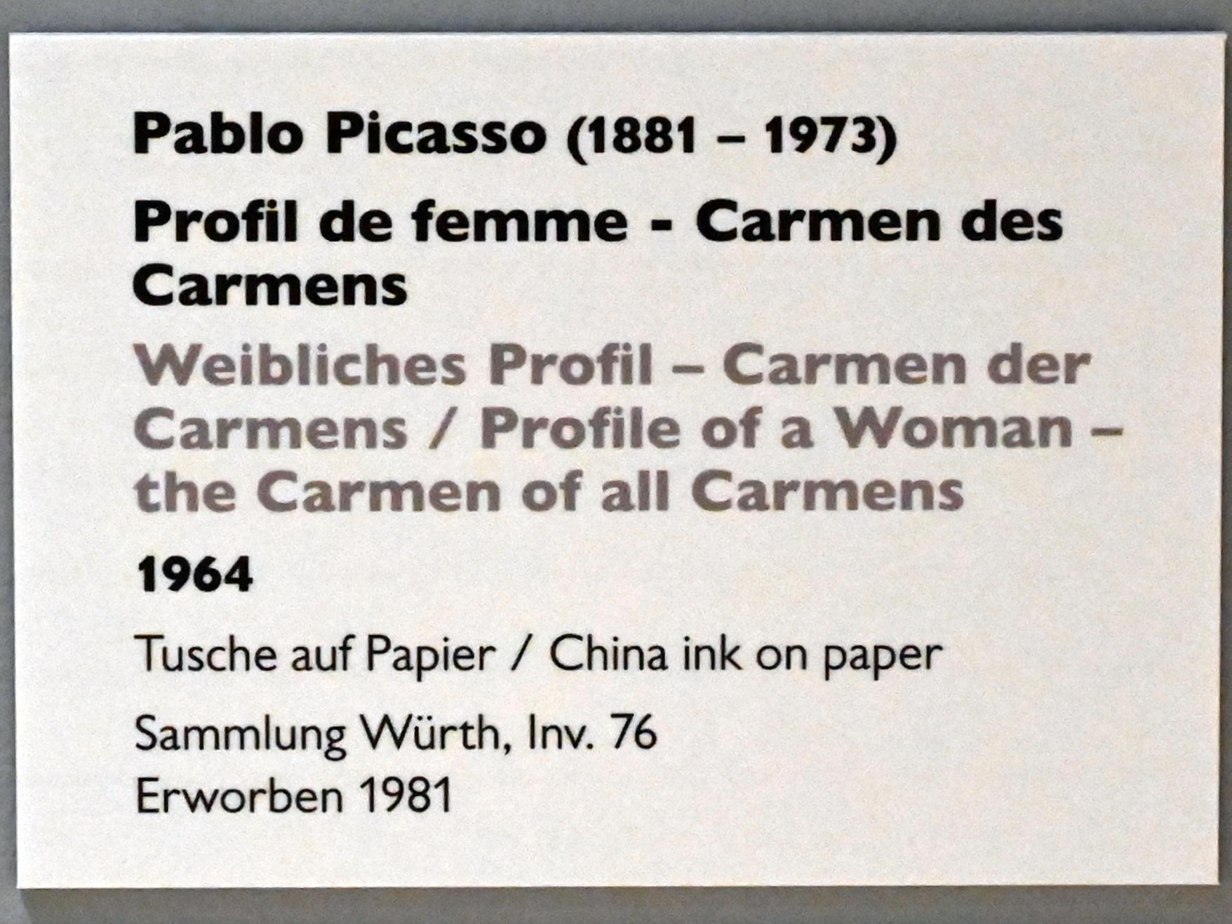 Pablo Picasso (1897–1972), Weibliches Profil - Carmen der Carmens, Künzelsau, Museum Würth 2, Kabinett im Untergeschoß, 1964, Bild 2/2