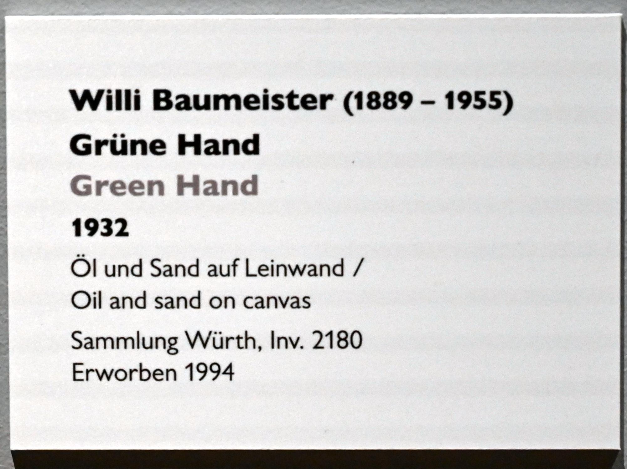 Willi Baumeister (1913–1955), Grüne Hand, Künzelsau, Museum Würth 2, Kabinett im Untergeschoß, 1932, Bild 2/2