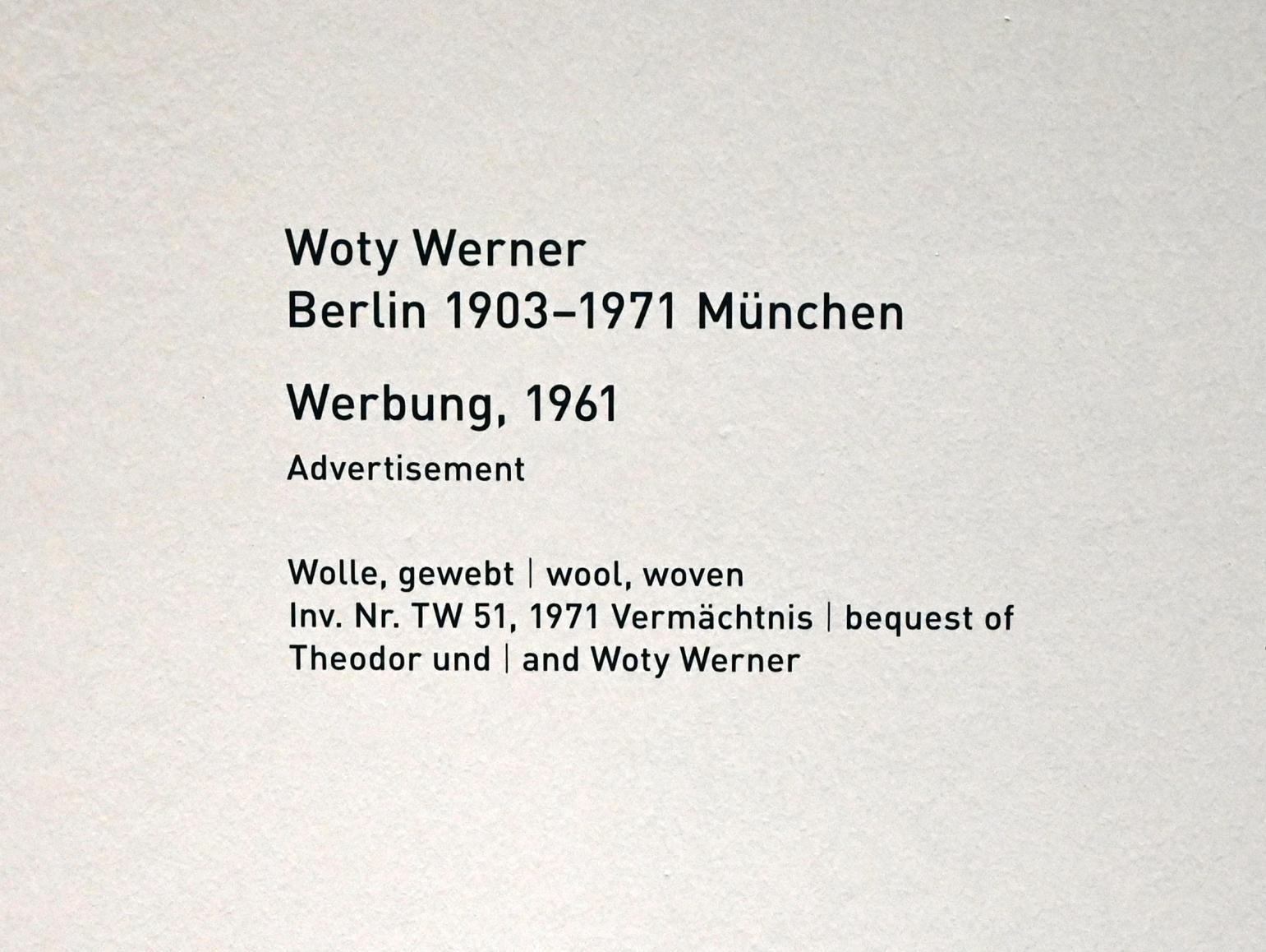 Woty Werner (1954–1967), Werbung, München, Pinakothek der Moderne, Saal 15, 1961, Bild 2/2
