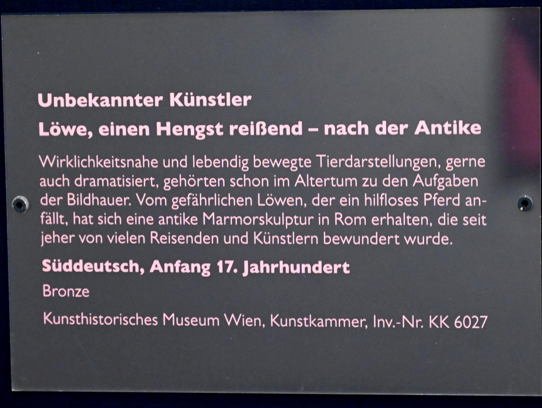 Löwe, einen Hengst reißend - nach der Antike, Schwäbisch Hall, Kunsthalle Würth, Ausstellung "Leonhard Kern und Europa" vom 29.03. - 03.10.2021, Untergeschoß Saal 6, Beginn 17. Jhd., Bild 3/3