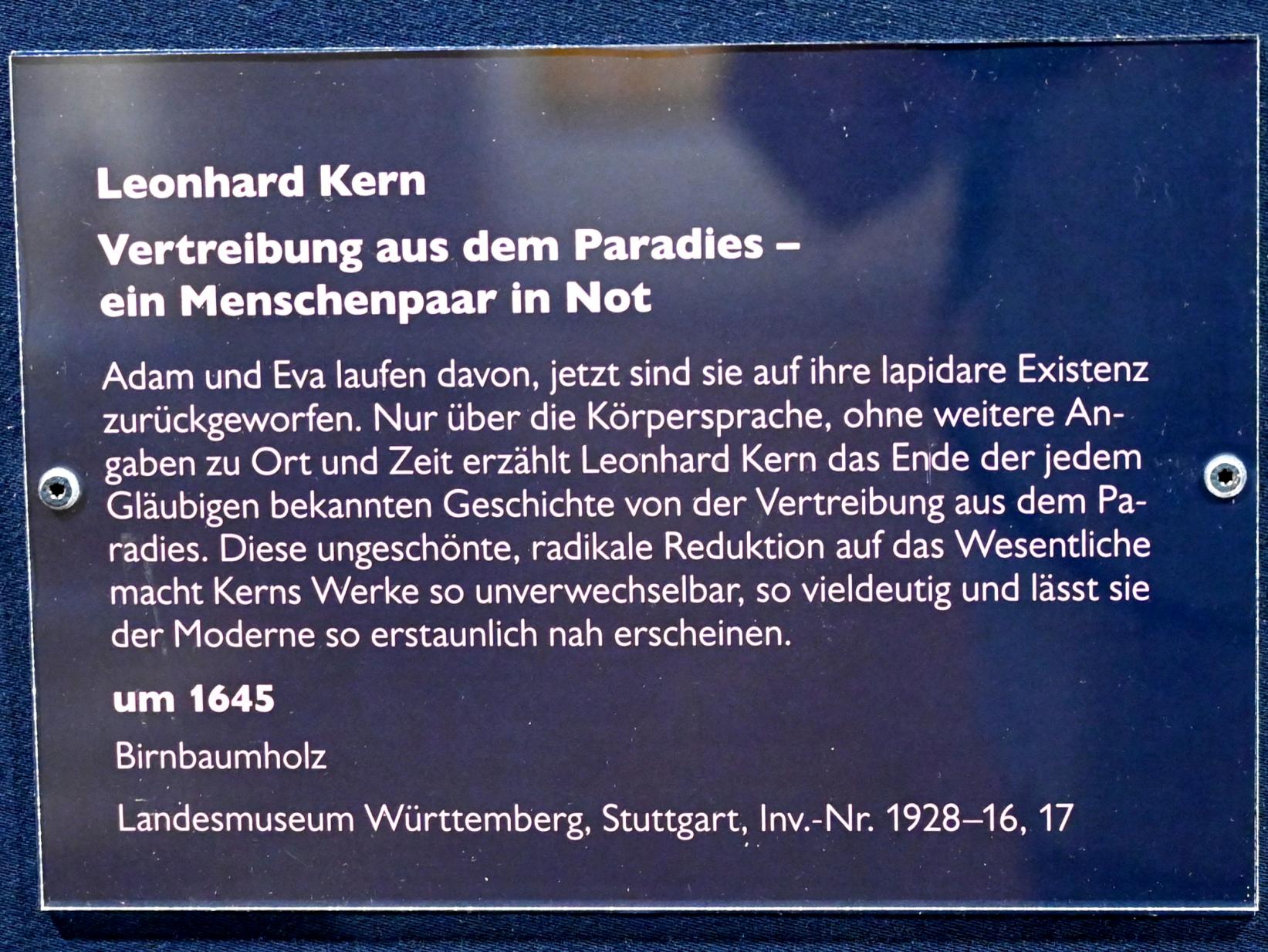 Leonhard Kern (1615–1653), Vertreibung aus dem Paradies - ein Menschenpaar in Not, Schwäbisch Hall, Kunsthalle Würth, Ausstellung "Leonhard Kern und Europa" vom 29.03. - 03.10.2021, Untergeschoß Saal 2, um 1645, Bild 5/5