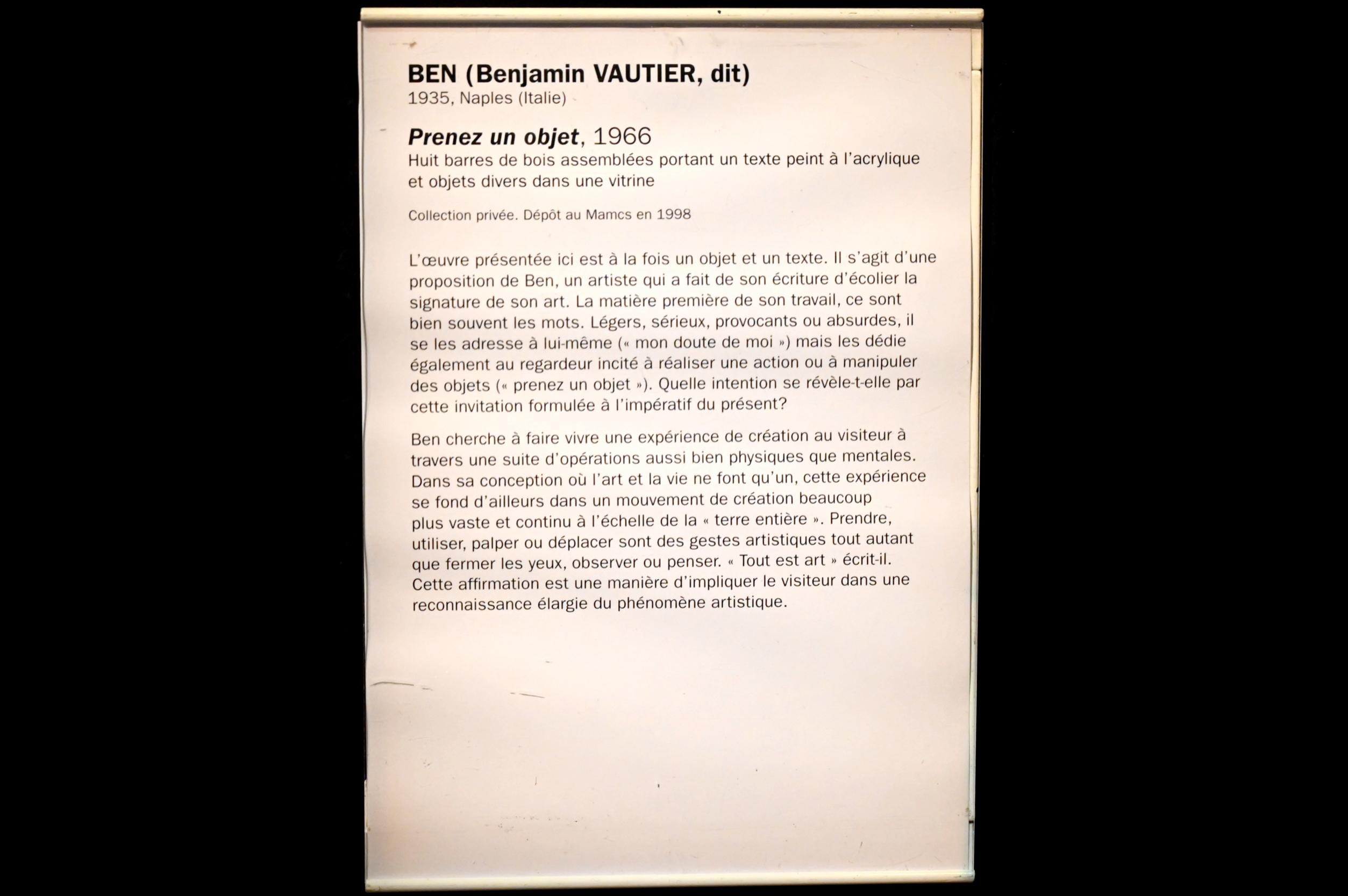 Ben Vautier (1966–2016), Prenez un objet (Nimm ein Objekt), Straßburg, Musée d’Art moderne et contemporain, Saal 29, 1966, Bild 2/2