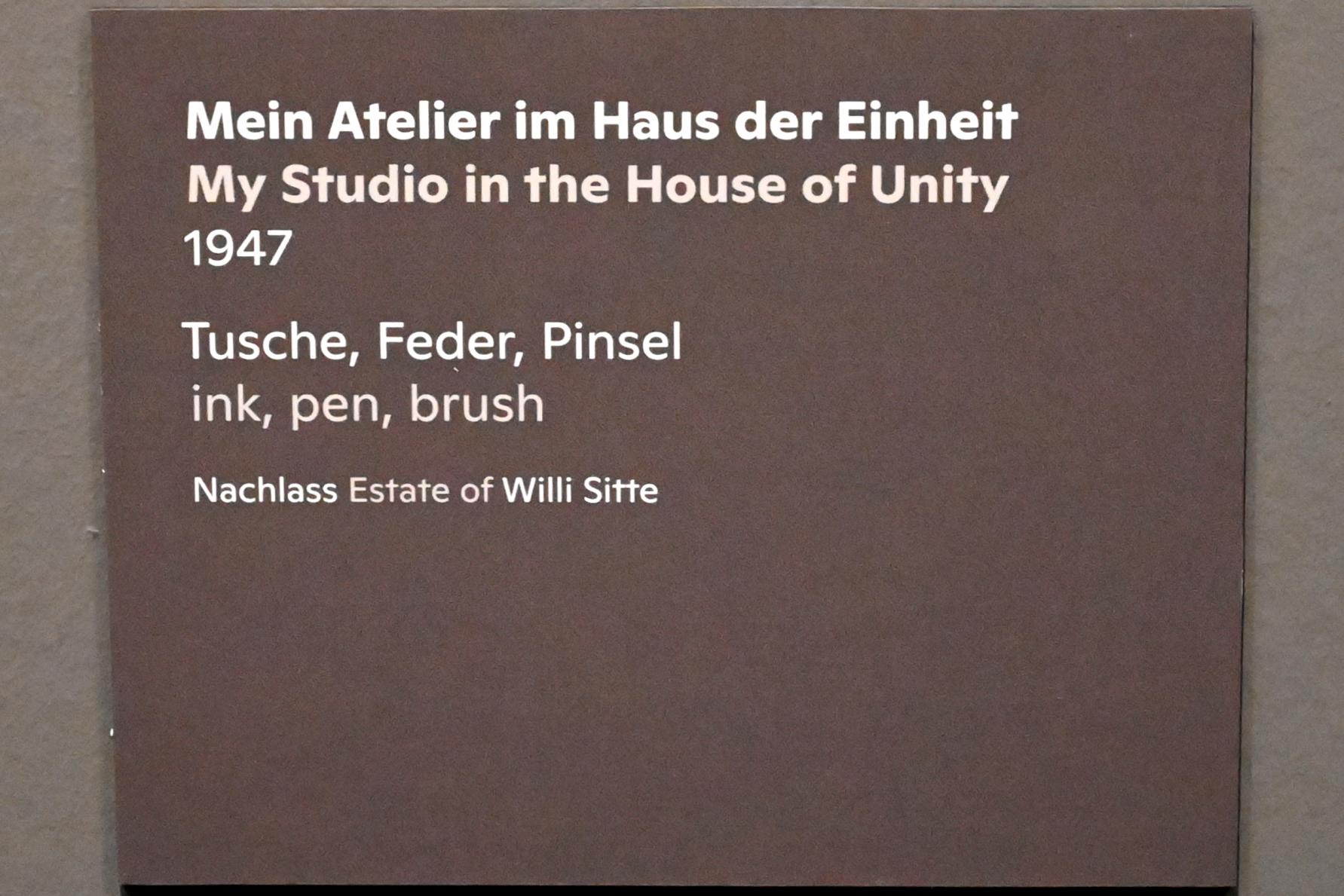 Willi Sitte (1938–2002), Mein Atelier im Haus der Einheit, Halle (Saale), Kunstmuseum Moritzburg, Ausstellung "Sittes Welt" vom 03.10.2021 - 06.02.2022, Saal 4, 1947, Bild 2/2