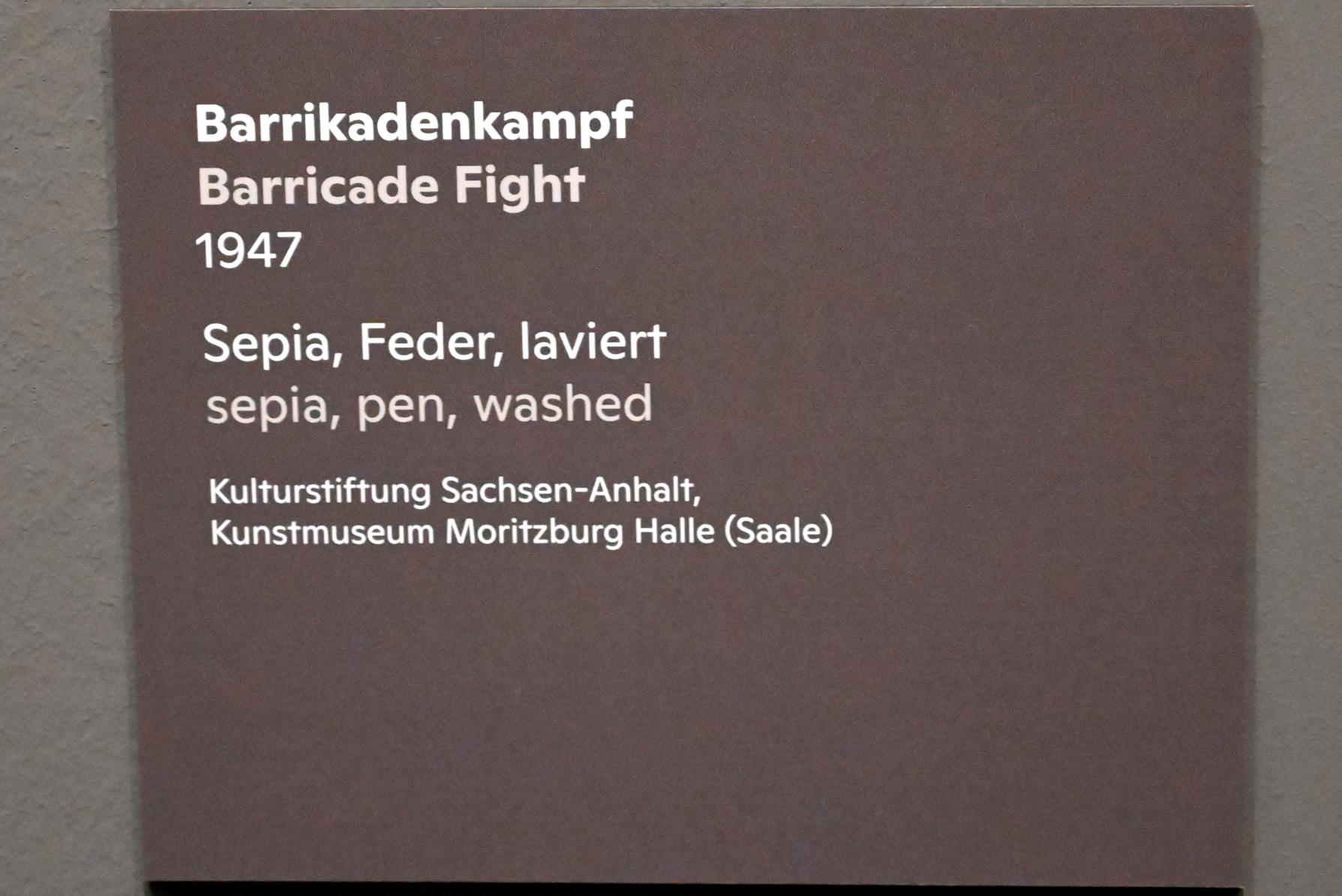 Willi Sitte (1938–2002), Barrikadenkampf, Halle (Saale), Kunstmuseum Moritzburg, Ausstellung "Sittes Welt" vom 03.10.2021 - 06.02.2022, Saal 4, 1947, Bild 2/2