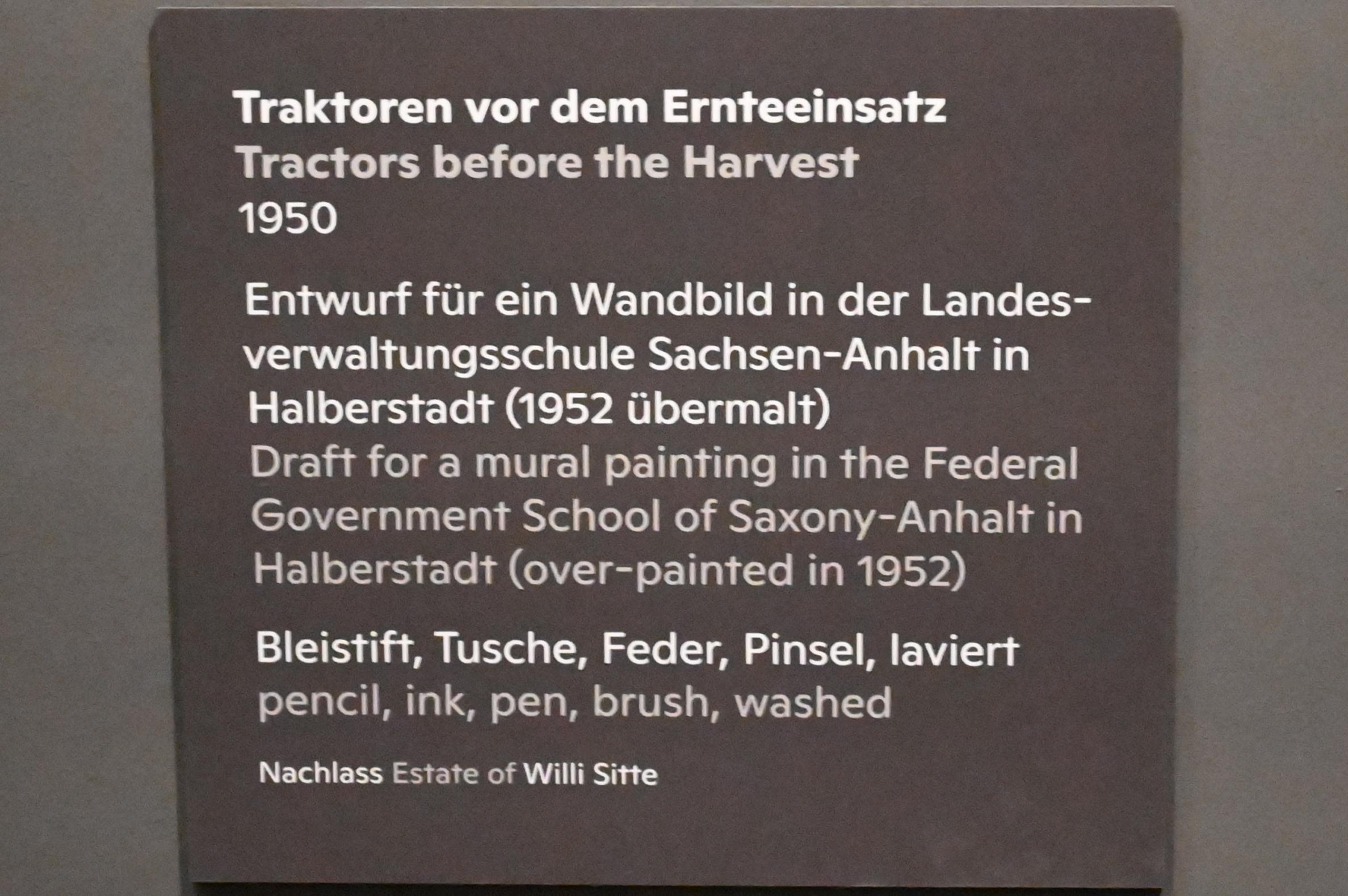 Willi Sitte (1938–2002), Traktoren vor dem Ernteeinsatz, Halle (Saale), Kunstmuseum Moritzburg, Ausstellung "Sittes Welt" vom 03.10.2021 - 06.02.2022, Saal 7, 1950, Bild 2/2
