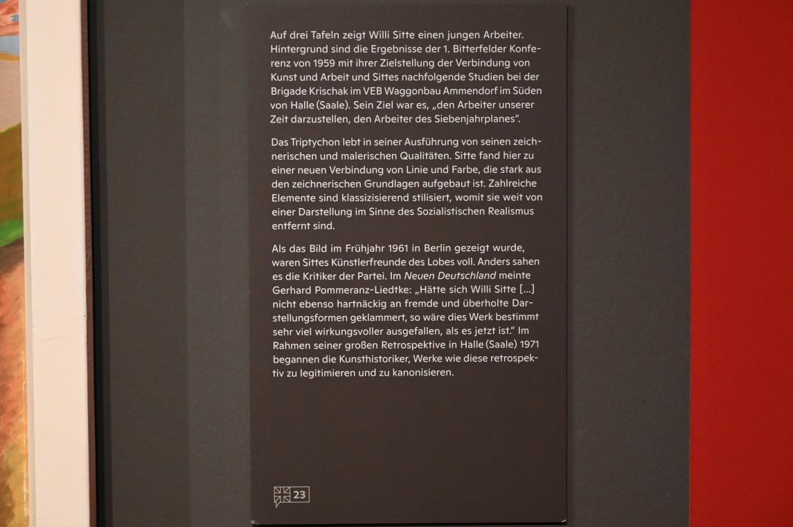 Willi Sitte (1938–2002), Arbeiter-Triptychon, Halle (Saale), Kunstmuseum Moritzburg, Ausstellung "Sittes Welt" vom 03.10.2021 - 06.02.2022, Saal 8, 1960, Bild 3/3