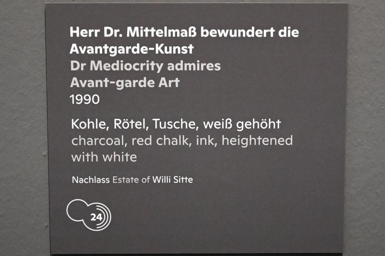 Willi Sitte (1938–2002), Herr Dr. Mittelmaß bewundert die Avantgarde-Kunst, Halle (Saale), Kunstmuseum Moritzburg, Ausstellung "Sittes Welt" vom 03.10.2021 - 06.02.2022, Saal 16, 1990, Bild 2/2