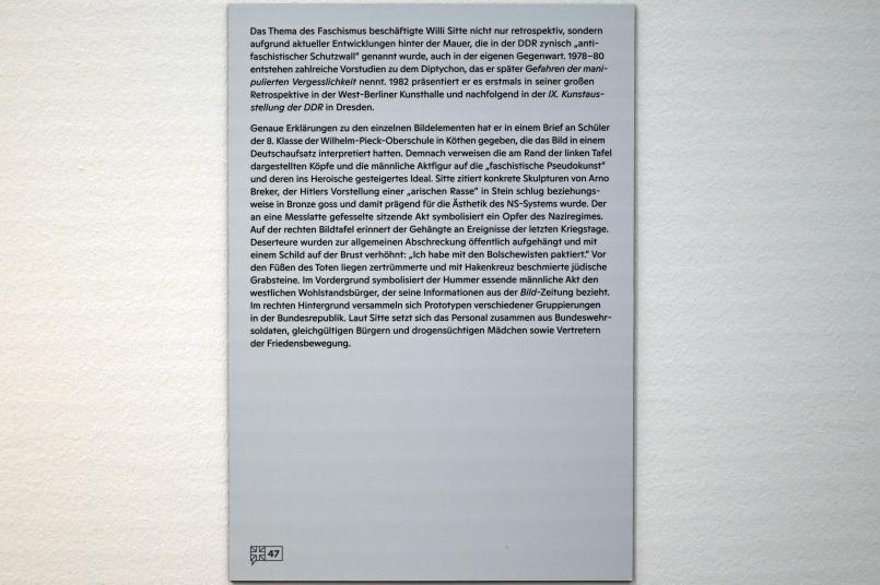 Willi Sitte (1938–2002), Gefahren manipulierter Vergesslichkeit (Neofaschismus), Halle (Saale), Kunstmuseum Moritzburg, Ausstellung "Sittes Welt" vom 03.10.2021 - 06.02.2022, Saal 17, 1980–1982, Bild 3/3