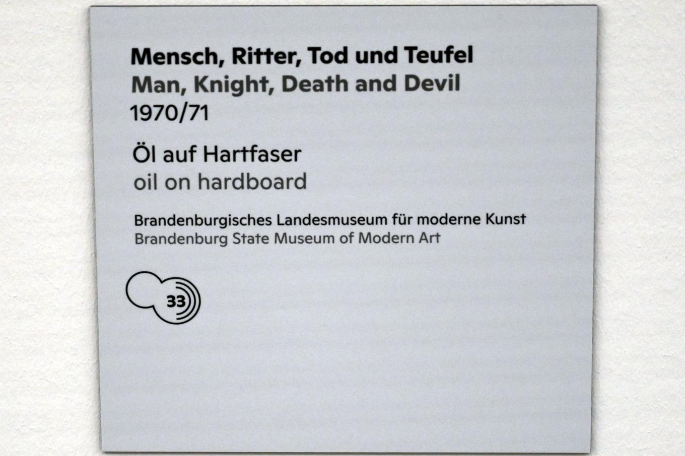 Willi Sitte (1938–2002), Mensch, Ritter, Tod und Teufel, Halle (Saale), Kunstmuseum Moritzburg, Ausstellung "Sittes Welt" vom 03.10.2021 - 06.02.2022, Saal 17, 1970–1971, Bild 2/3